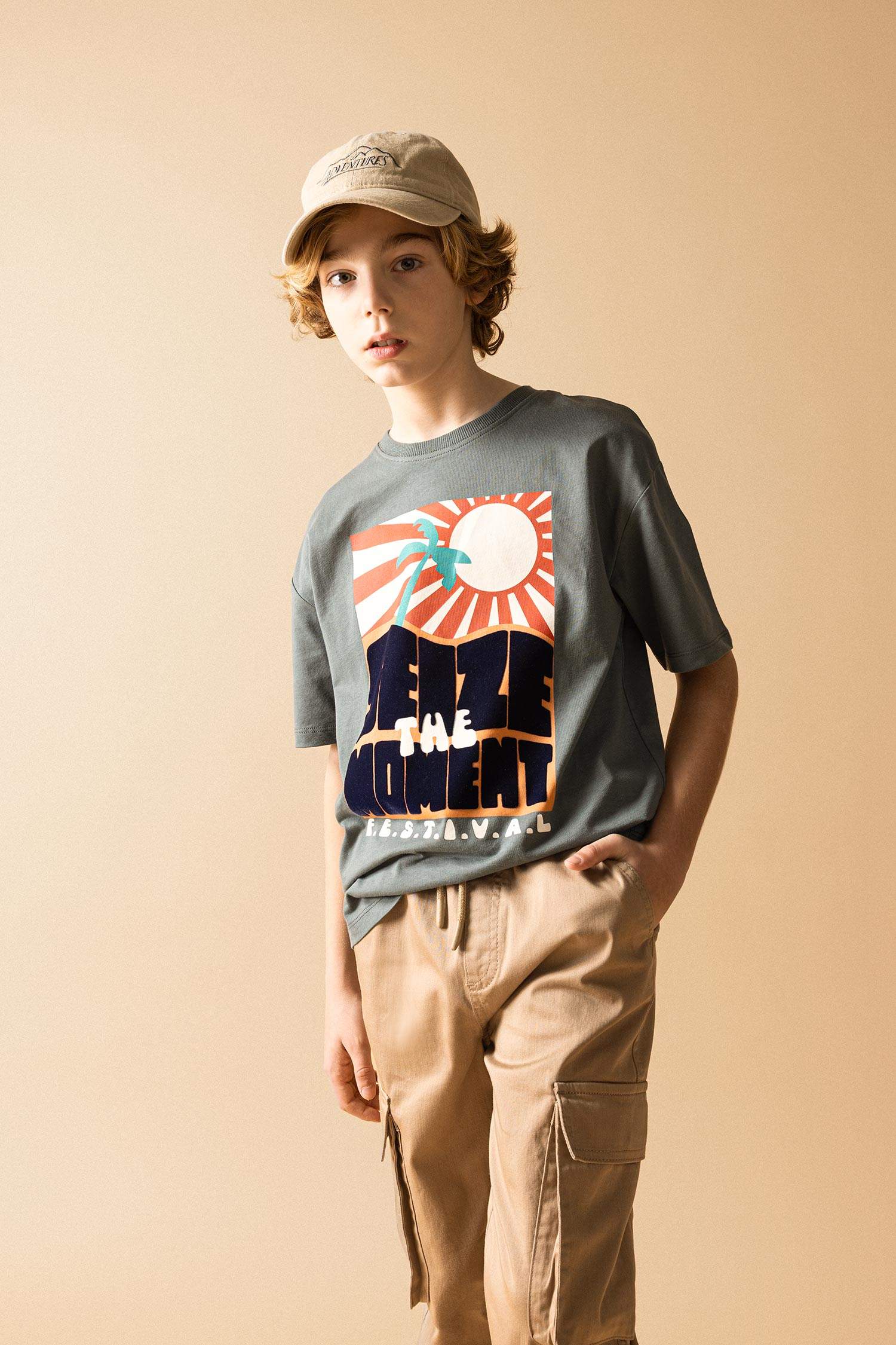 Oversize Geniş Kalıp Bisiklet Yaka Baskılı Kısa Kollu Tişört Erkek Çocuk