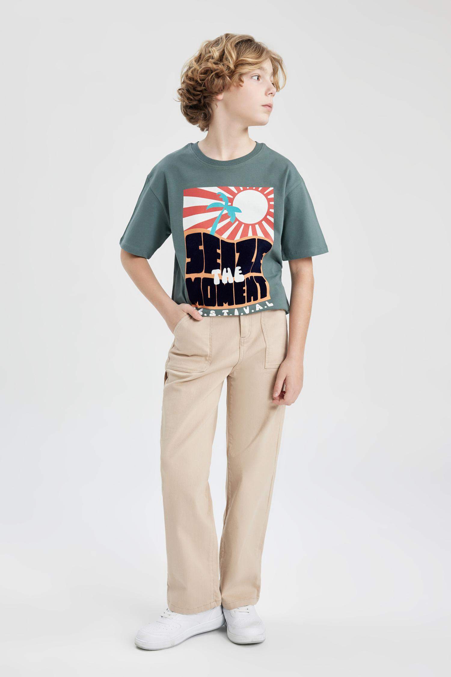 Oversize Geniş Kalıp Bisiklet Yaka Baskılı Kısa Kollu Tişört Erkek Çocuk