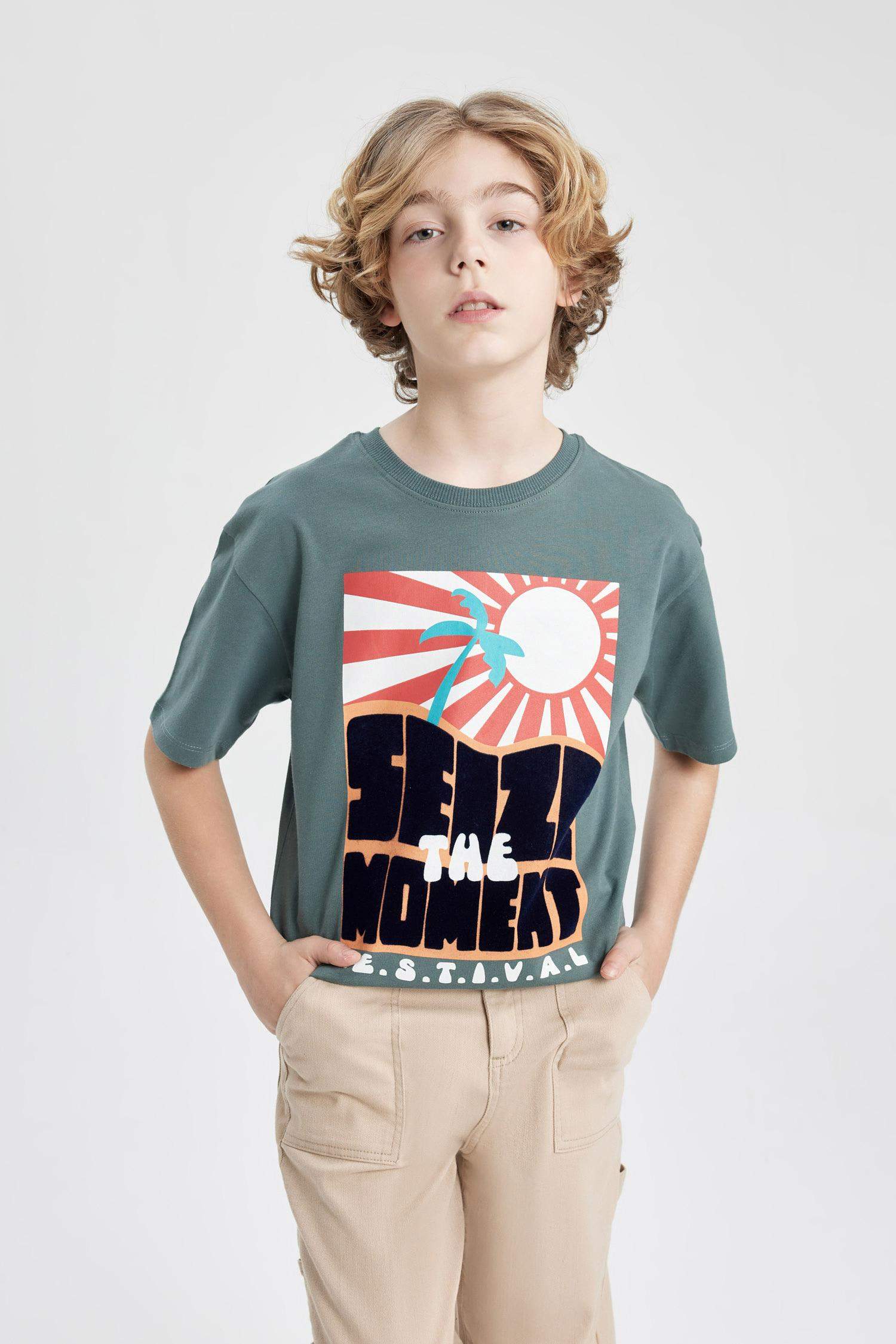 Oversize Geniş Kalıp Bisiklet Yaka Baskılı Kısa Kollu Tişört Erkek Çocuk