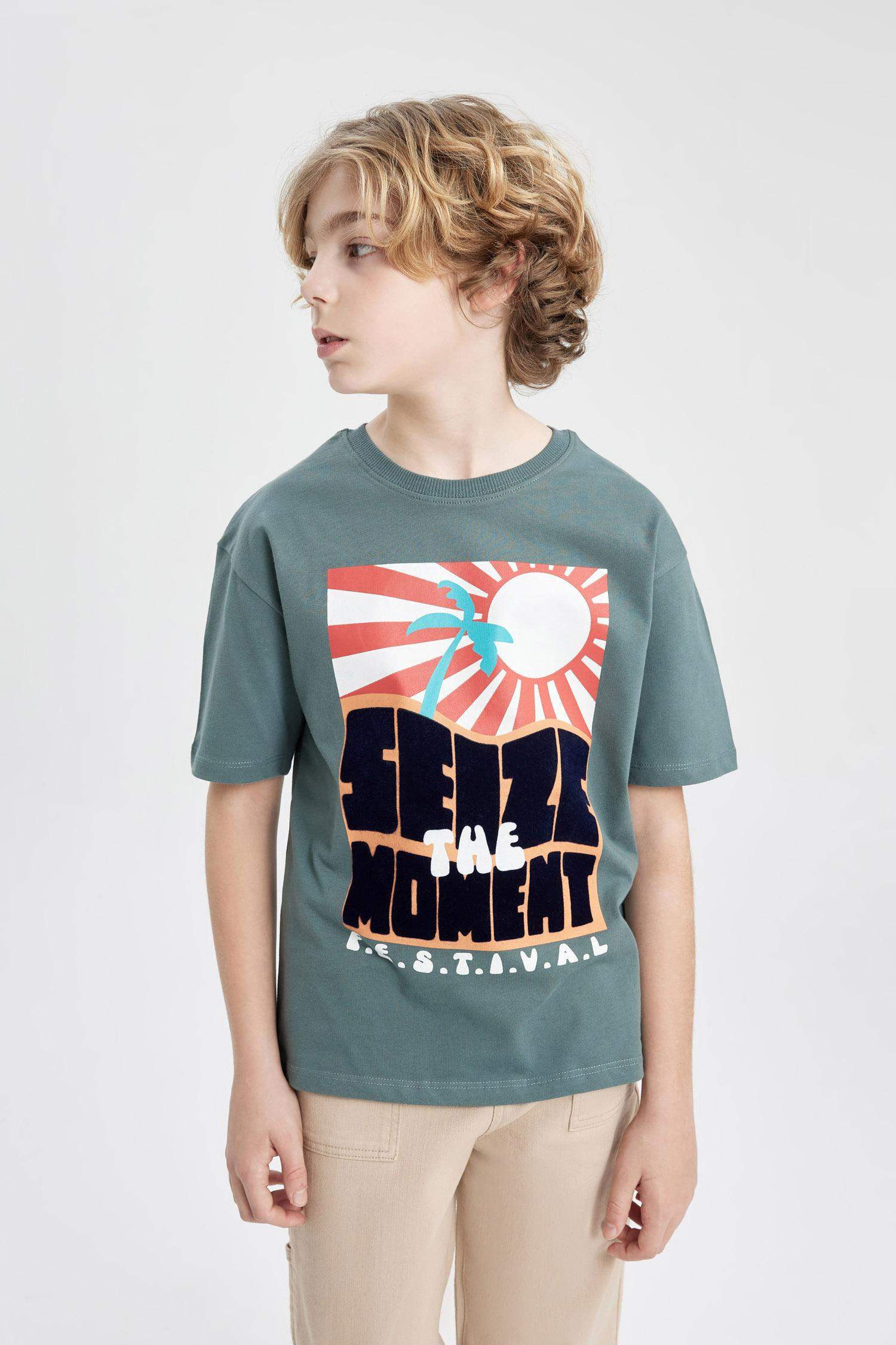 Oversize Geniş Kalıp Bisiklet Yaka Baskılı Kısa Kollu Tişört Erkek Çocuk