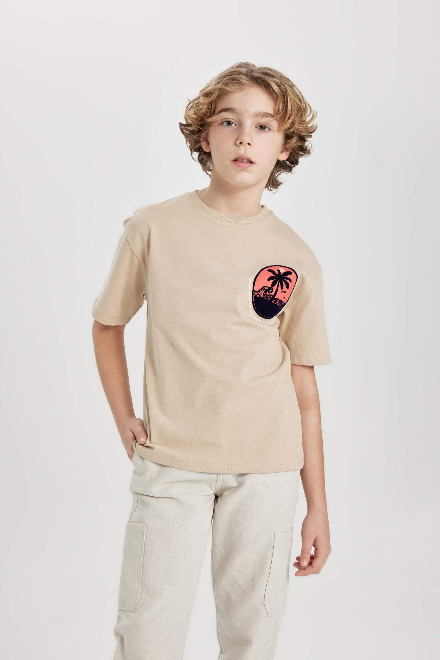 Erkek Çocuk Oversize Geniş Kalıp Bisiklet Yaka Baskılı Kısa Kollu Tişört