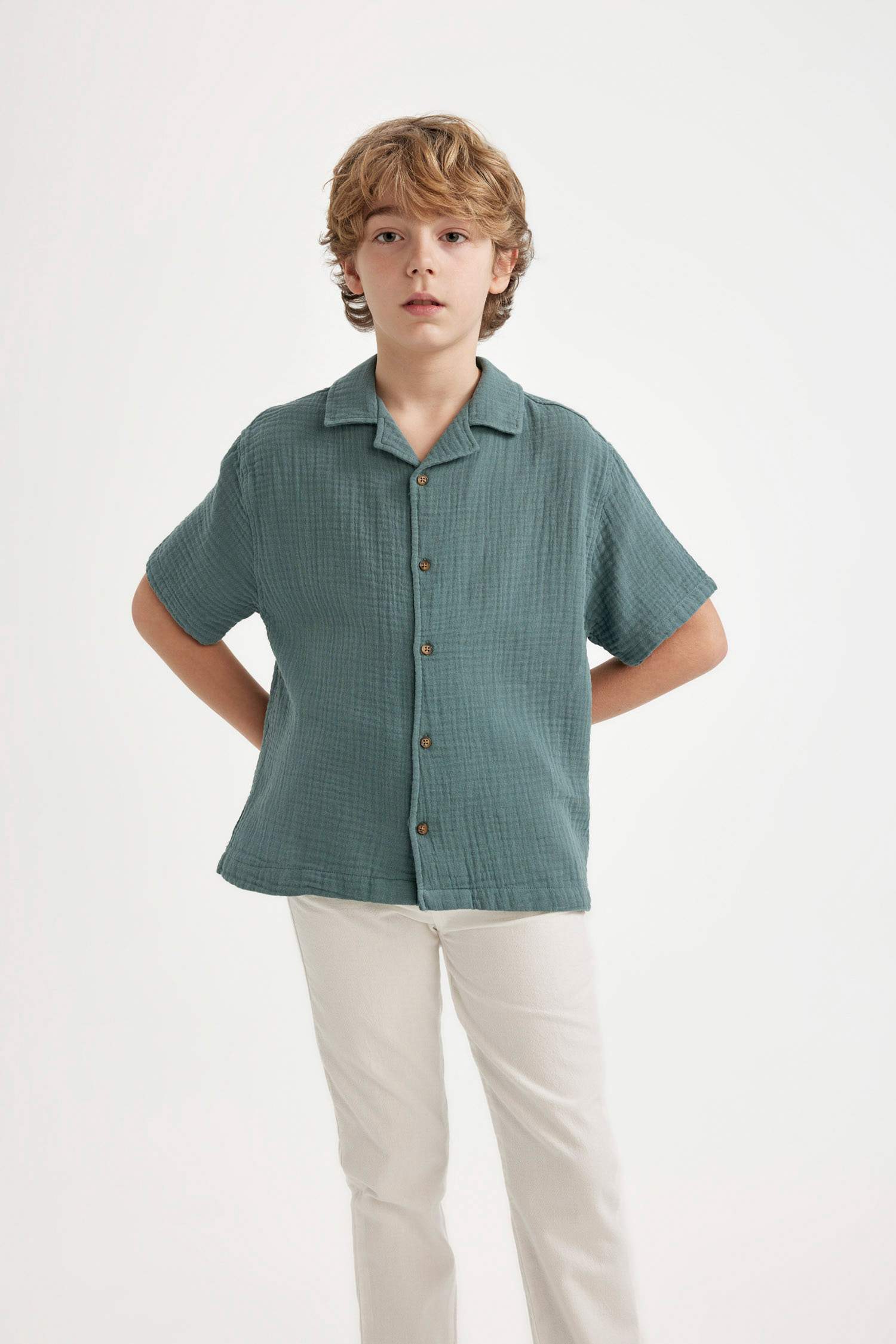 Boy Oversize Fit Polo Neck Waffle Short Sleeve Shirt