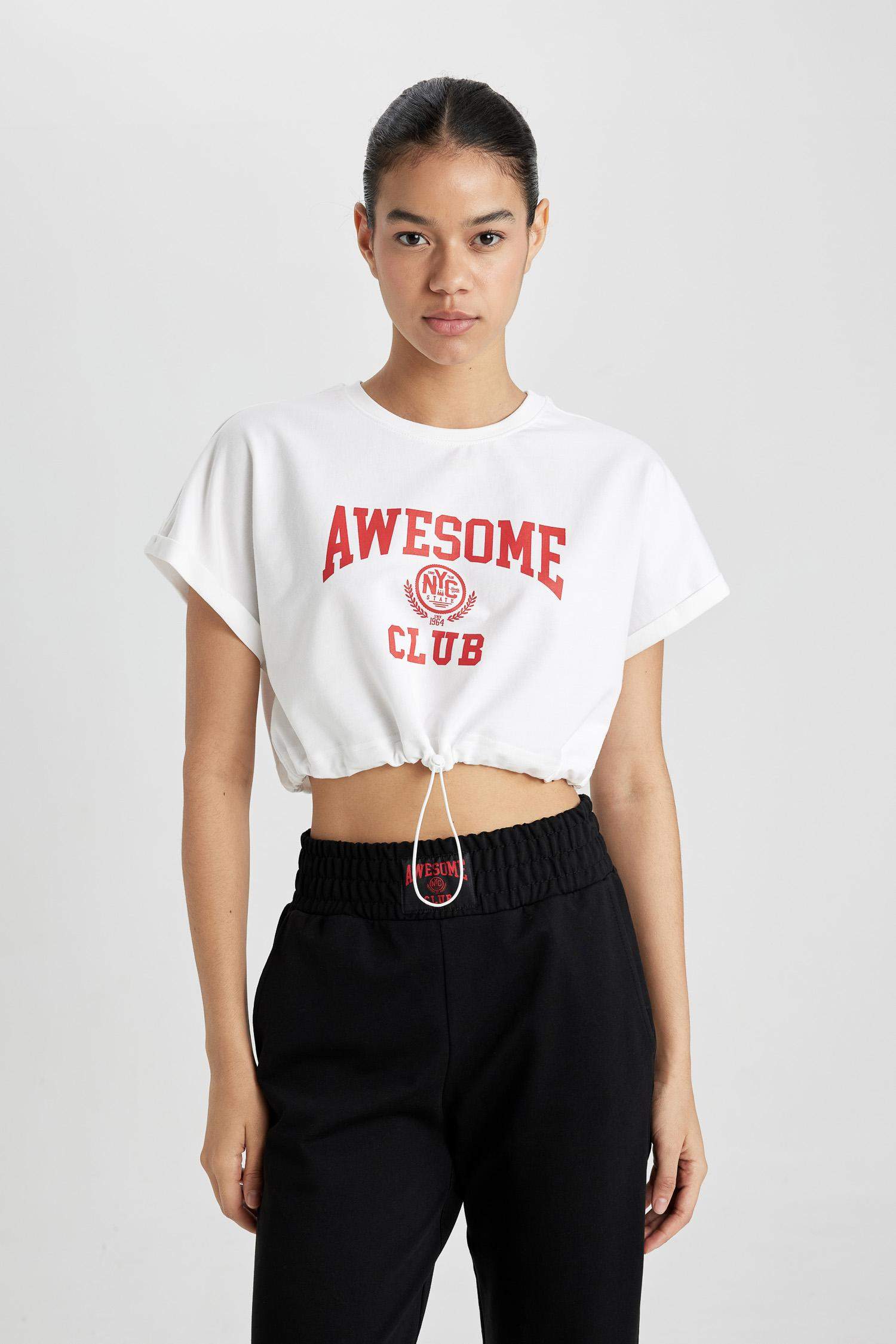 DeFactoFit Crop Crew Neck Printed Short Sleeve T-Shirt