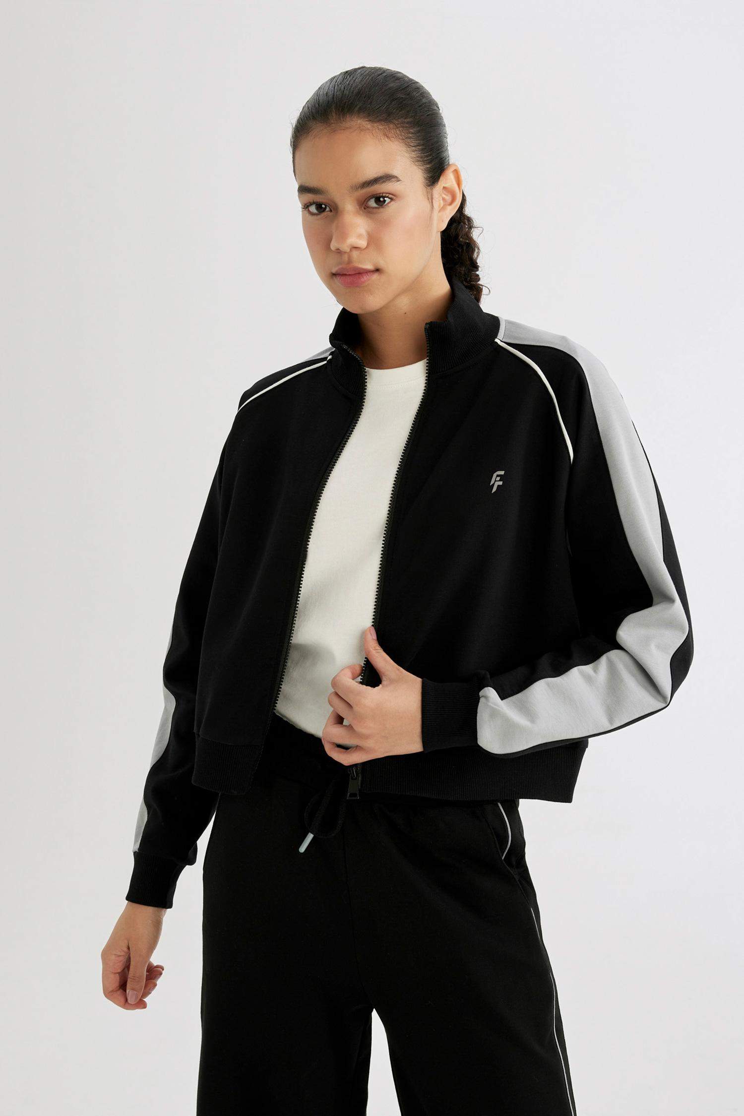 Oversize Geniş Kalıp Renk Bloklu Dik Yaka Sporcu Fermuarlı Sweatshirt