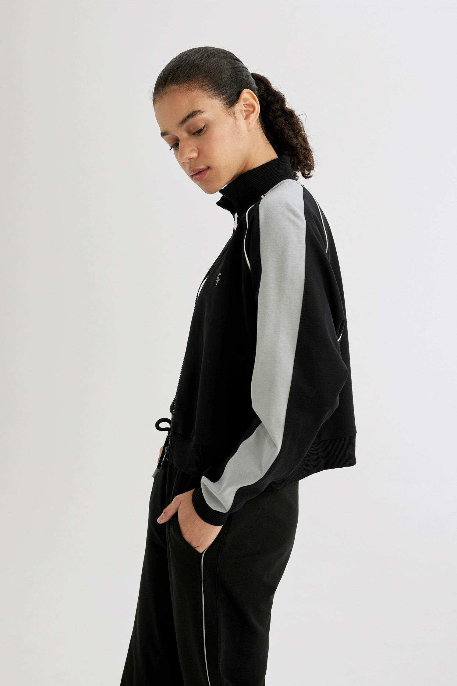 Oversize Geniş Kalıp Renk Bloklu Dik Yaka Sporcu Fermuarlı Sweatshirt