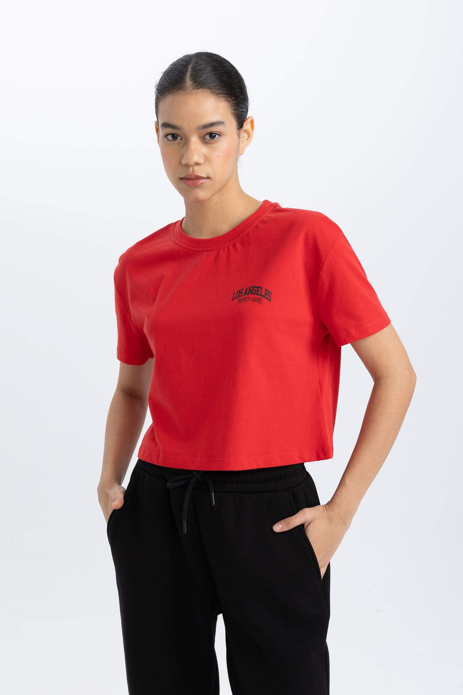 DeFactoFit Crop Crew Neck Printed Sports T-Shirt