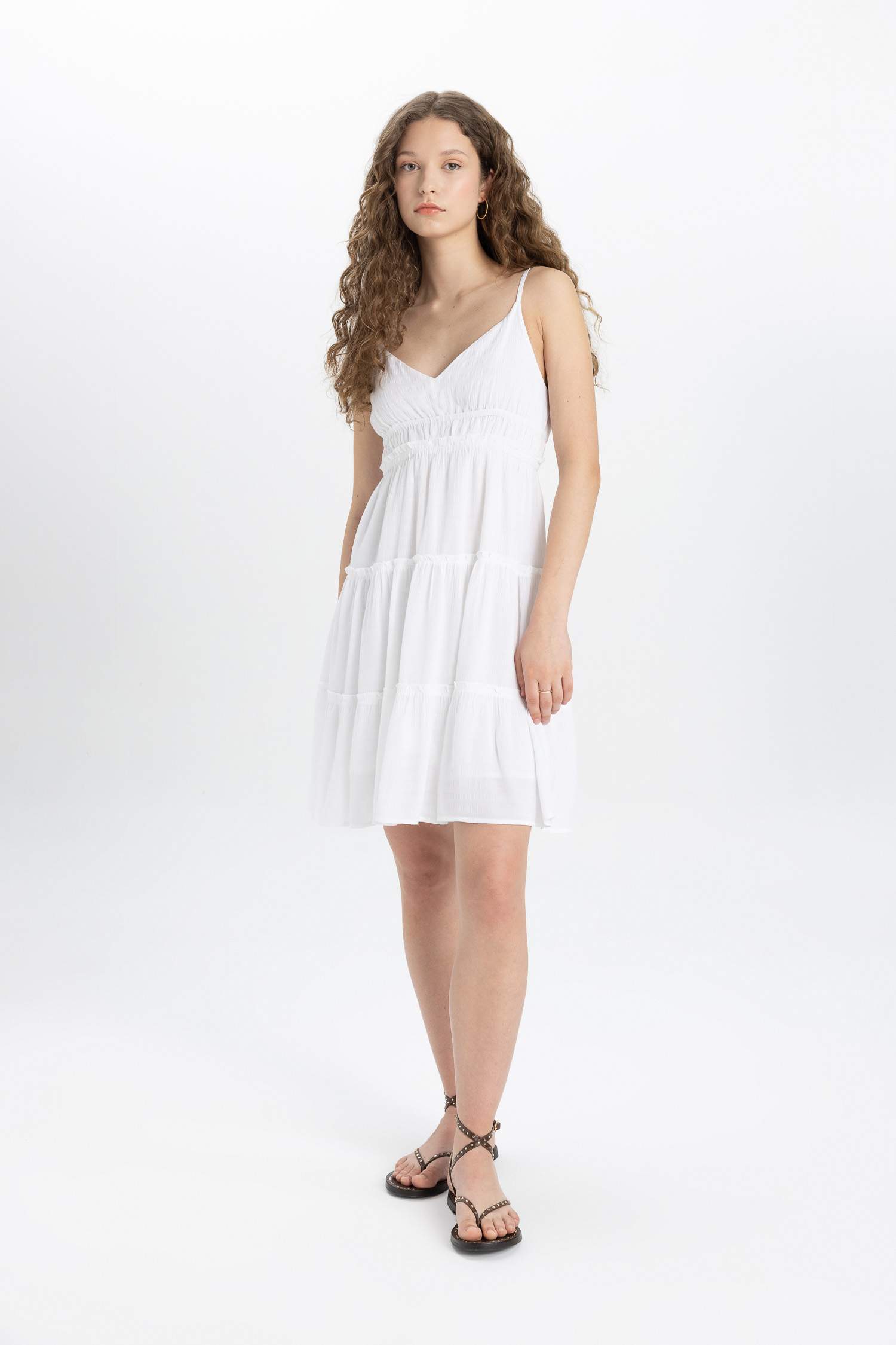A-Line V-Neck Strap White Short Sleeve Dress