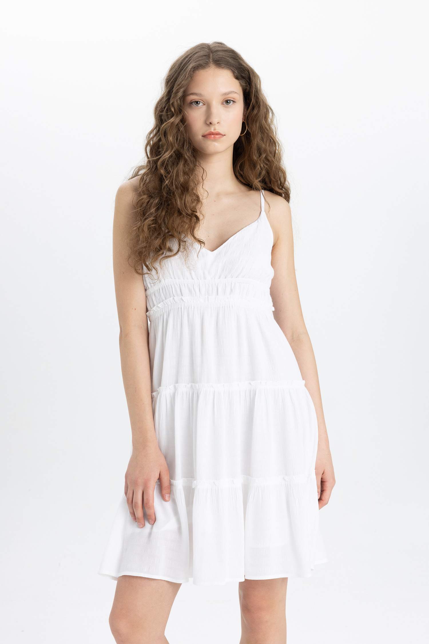 A-Line V-Neck Strap White Short Sleeve Dress