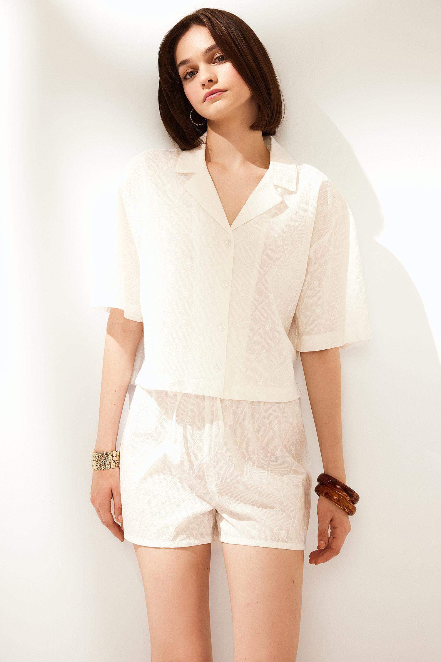 Oversize Fit Pajama Collar Embroidered Brode Shirt