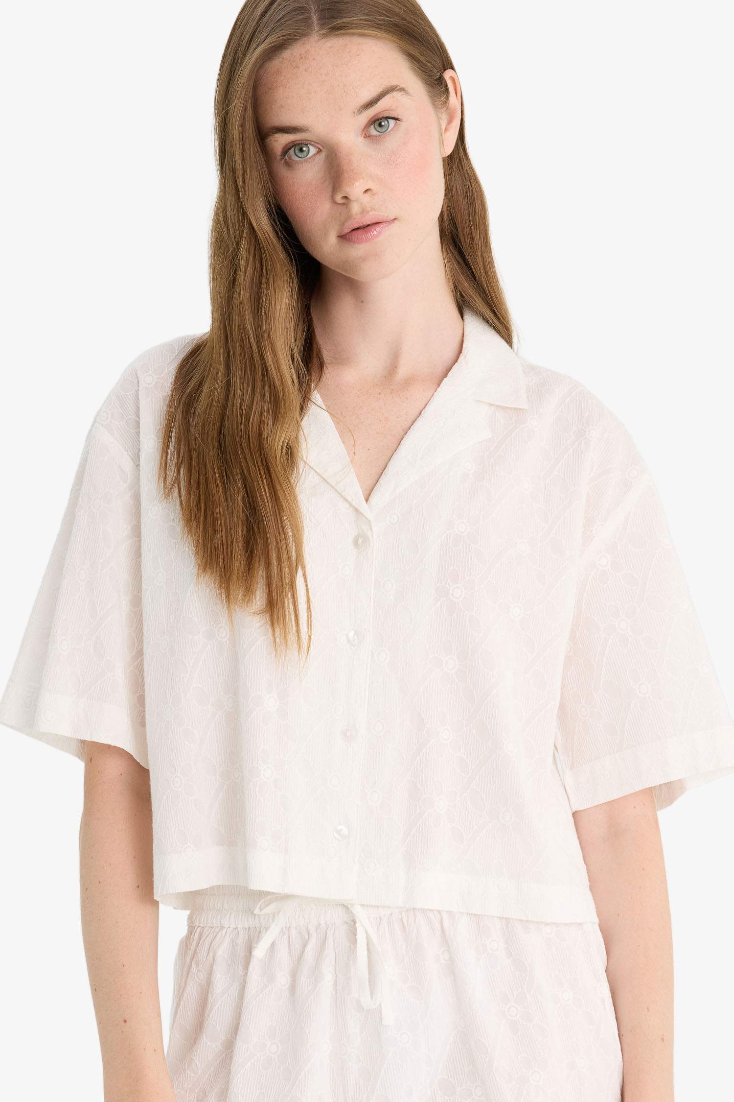 Oversize Fit Pajama Collar Embroidered Brode Shirt