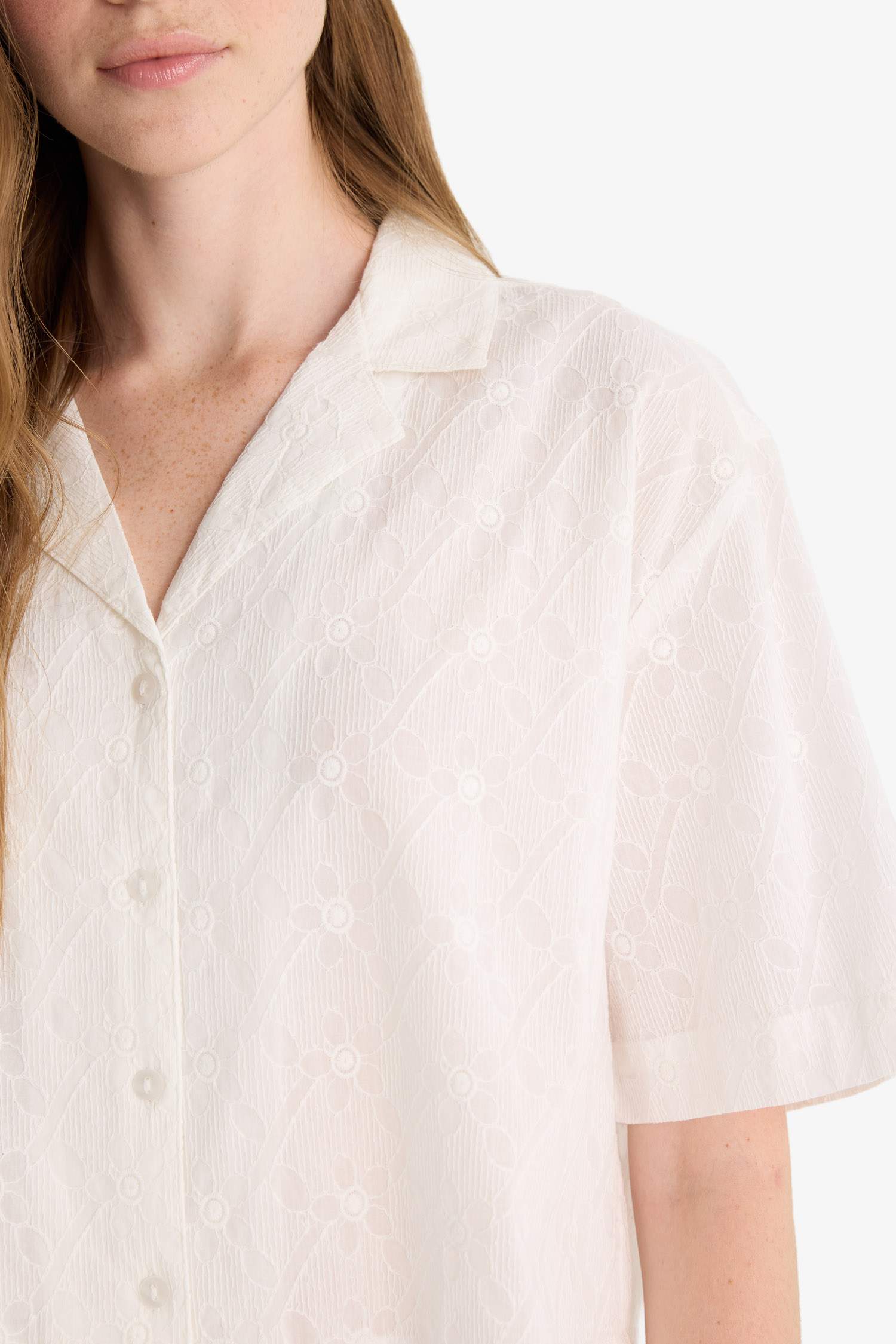Oversize Fit Pajama Collar Embroidered Brode Shirt
