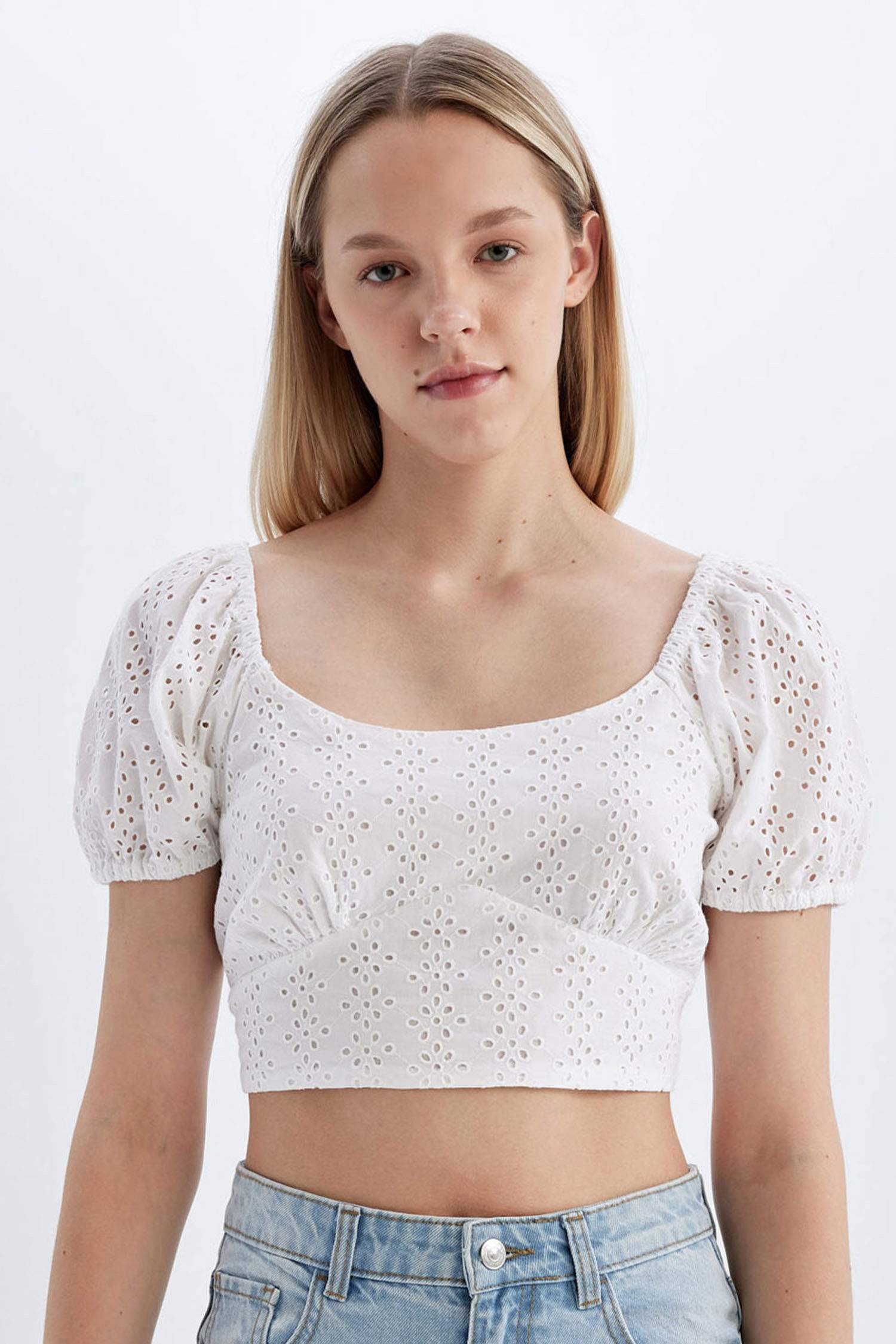 Slim Fit U Collar Embroidered Short Sleeve Blouse