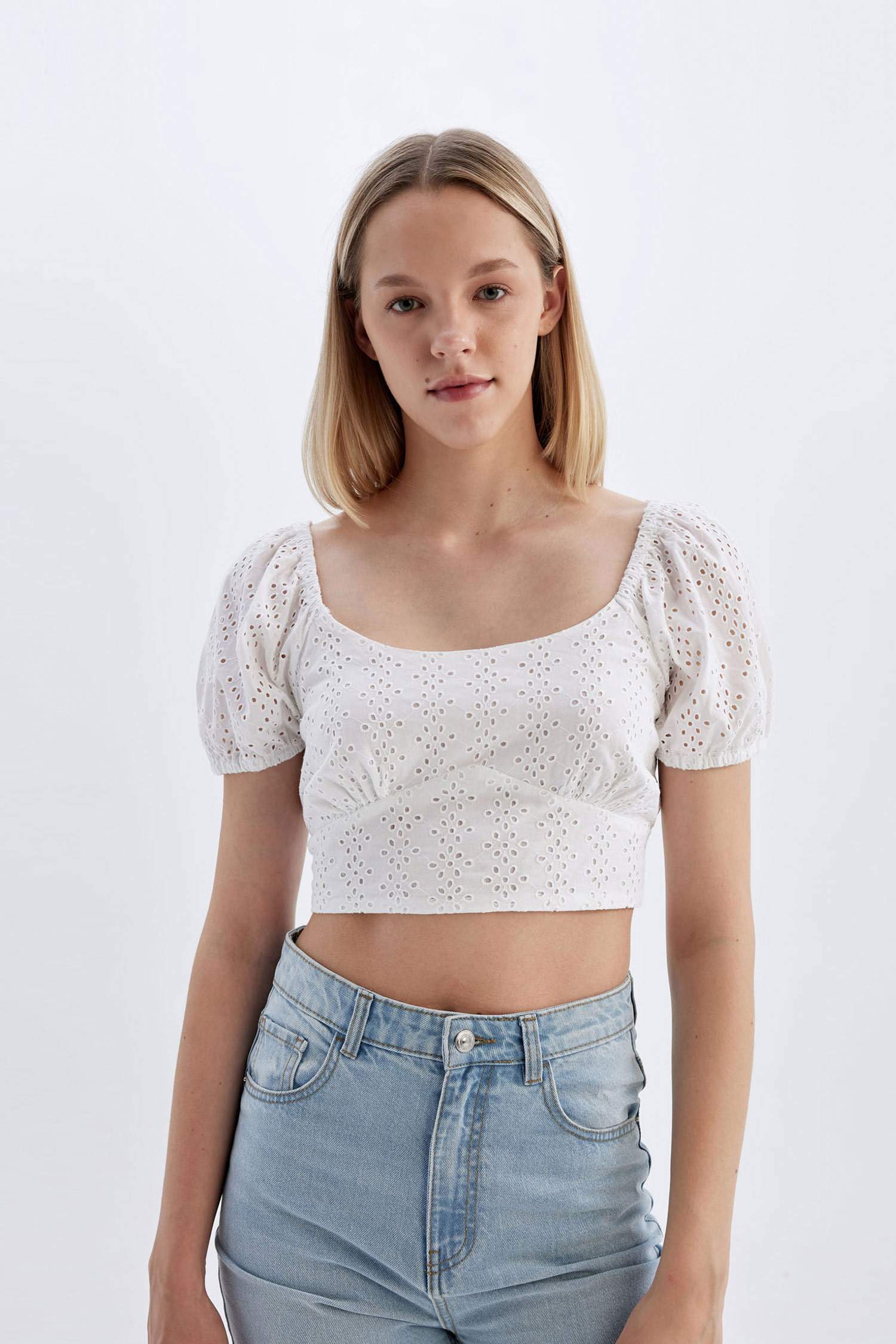 Slim Fit U Collar Embroidered Short Sleeve Blouse