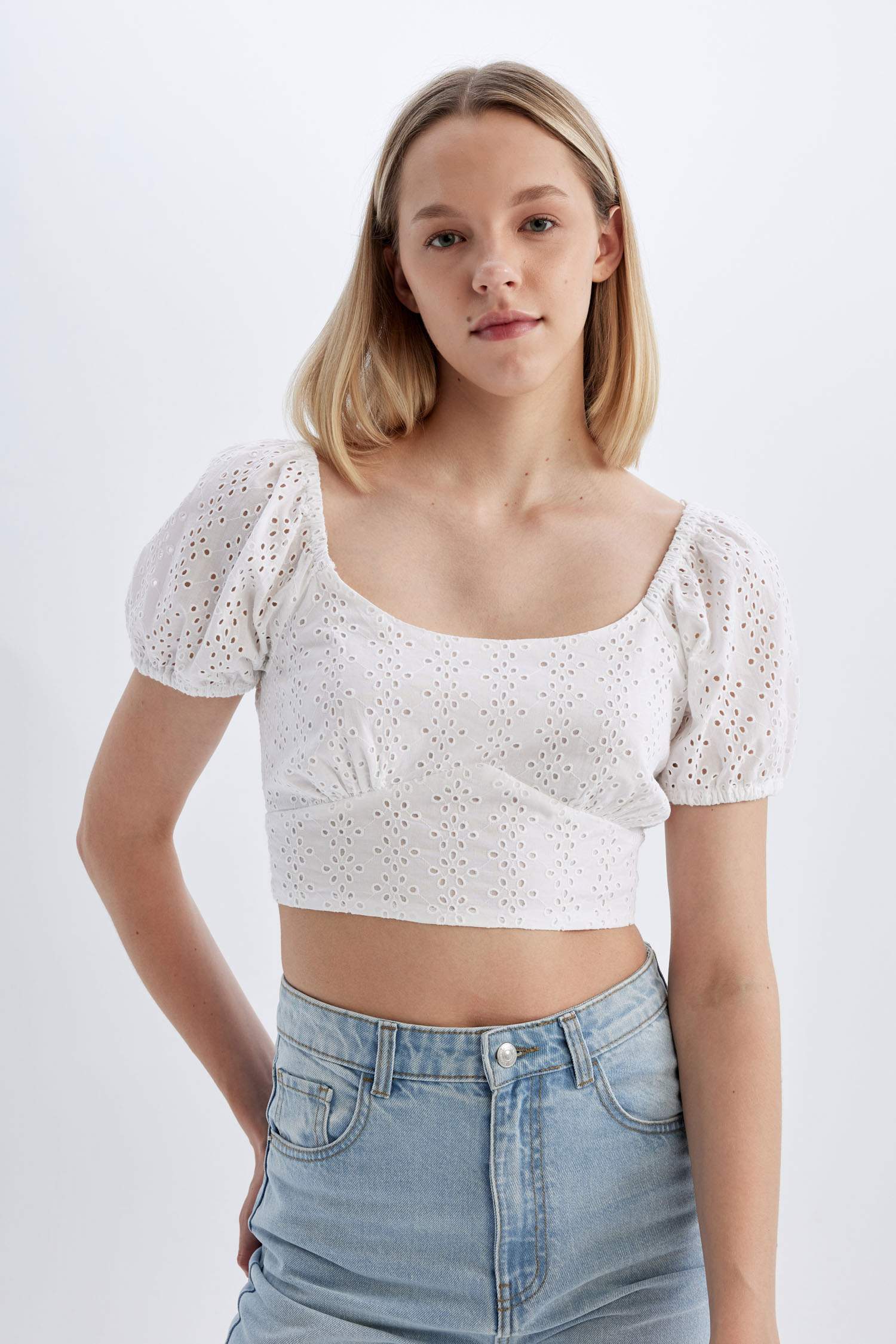 Slim Fit U Collar Embroidered Short Sleeve Blouse