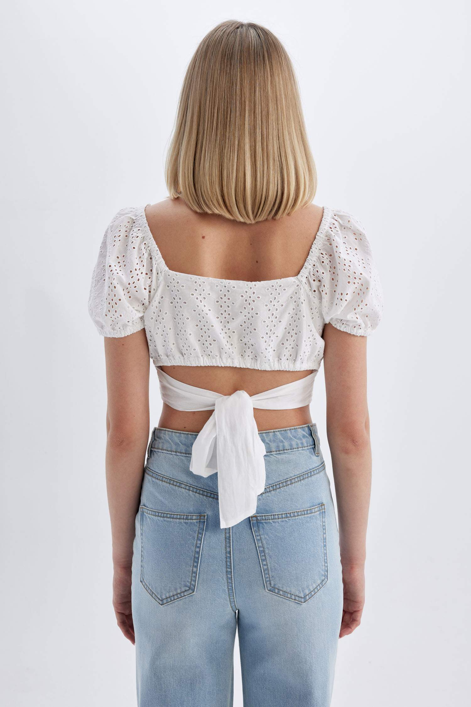 Slim Fit U Collar Embroidered Short Sleeve Blouse