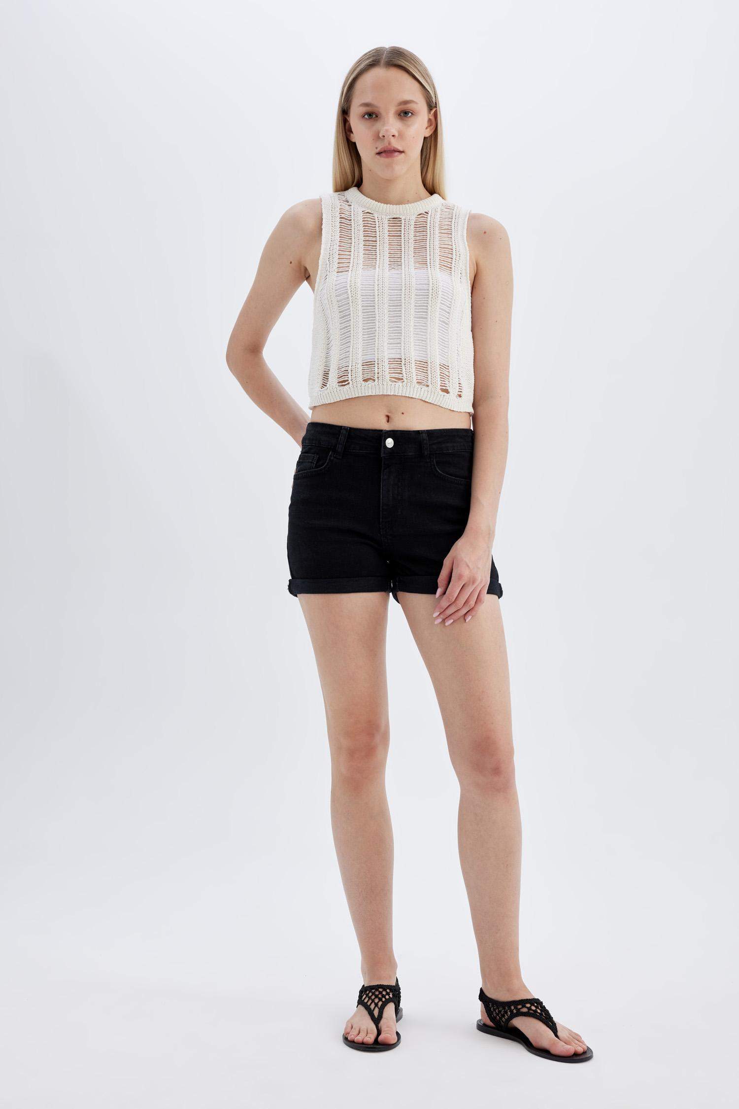 High Waist Fold-Ankle Denim Shorts