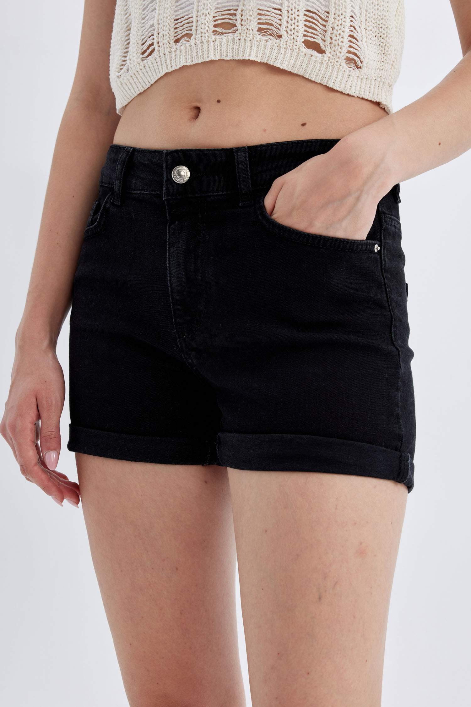 High Waist Fold-Ankle Denim Shorts