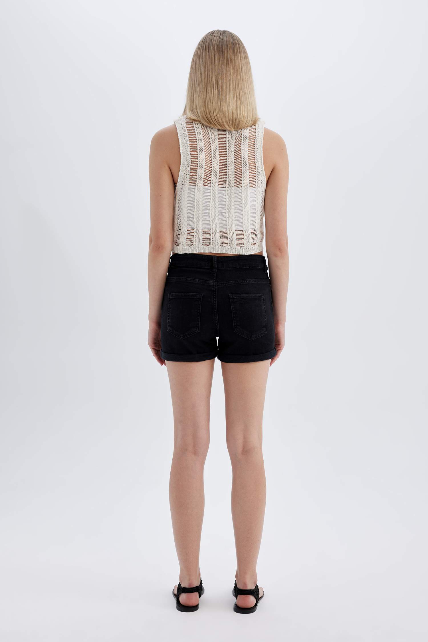 High Waist Fold-Ankle Denim Shorts