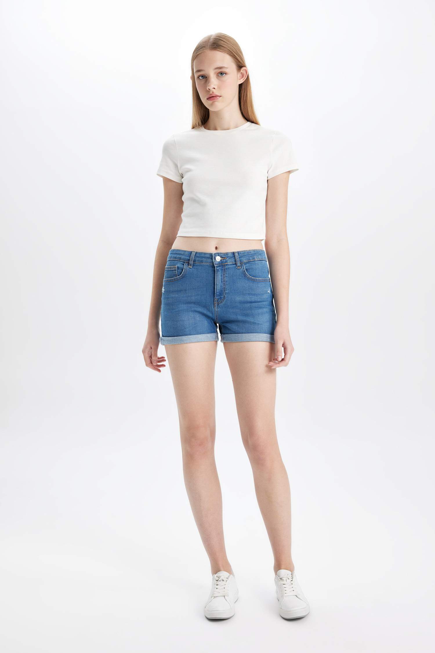 High Waist Fold-Ankle Denim Shorts
