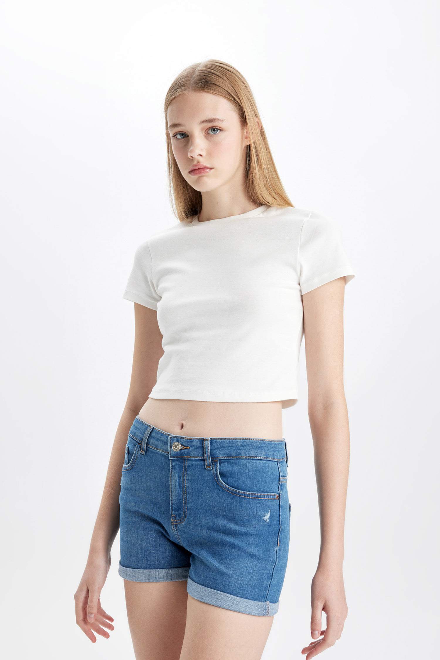 High Waist Fold-Ankle Denim Shorts