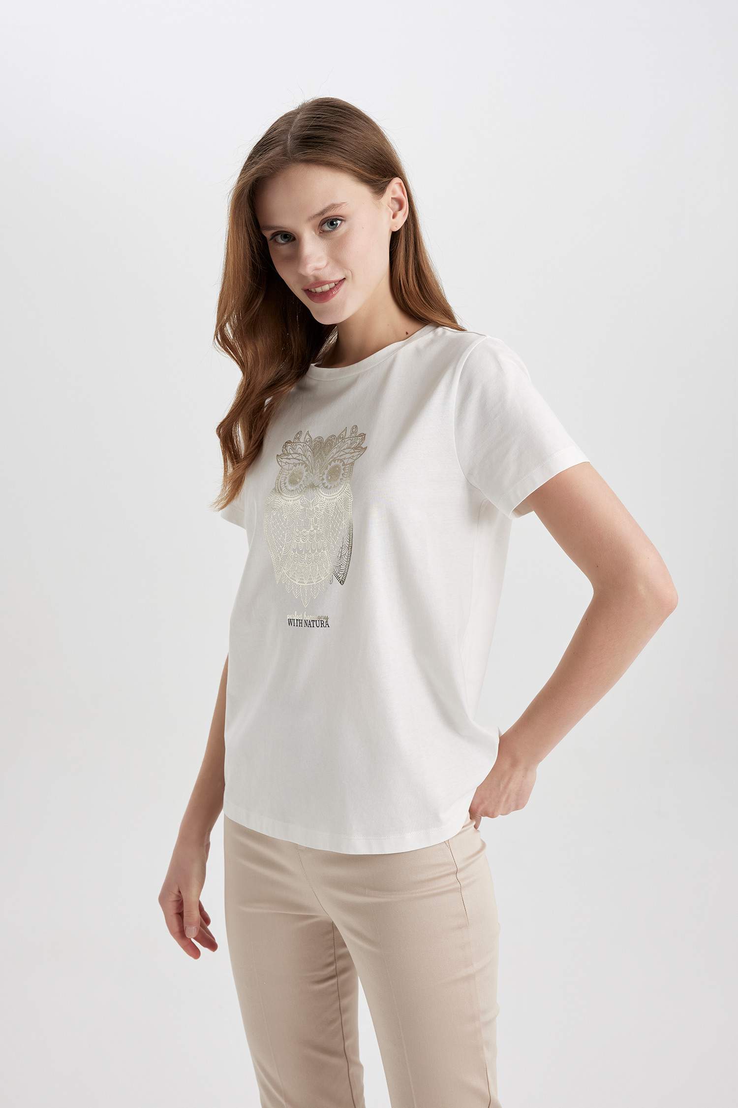 Regular Fit Crew Neck Owl Patterned Cotton T-Shirt