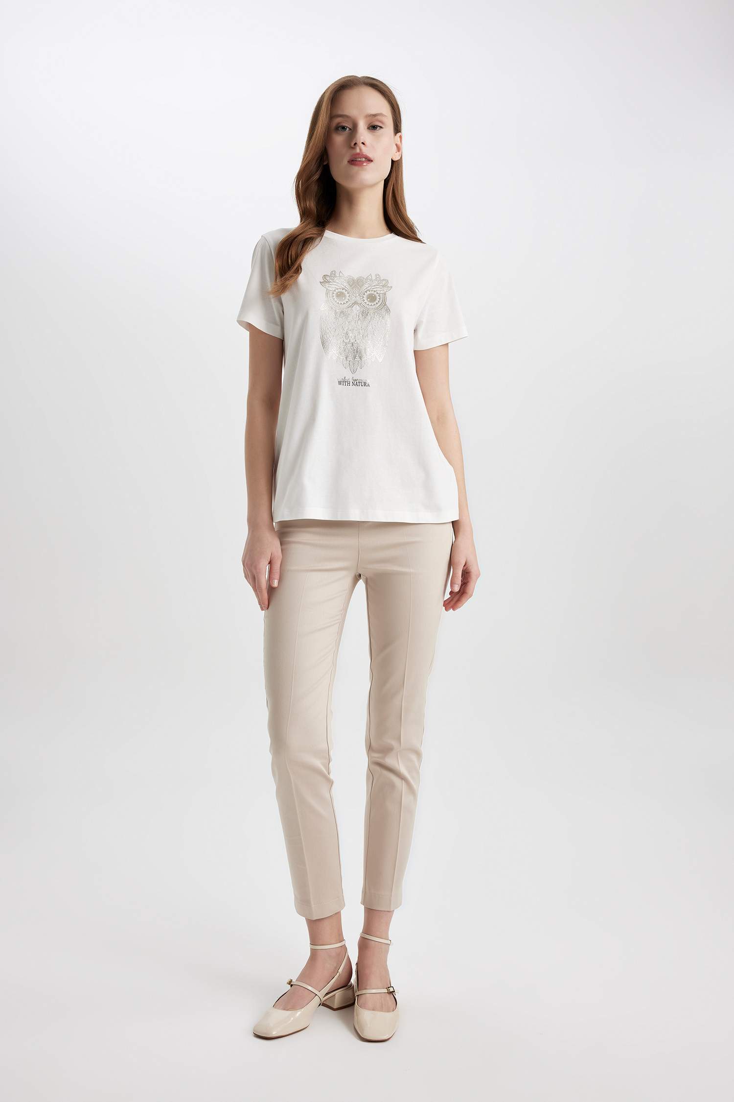 Regular Fit Crew Neck Owl Patterned Cotton T-Shirt