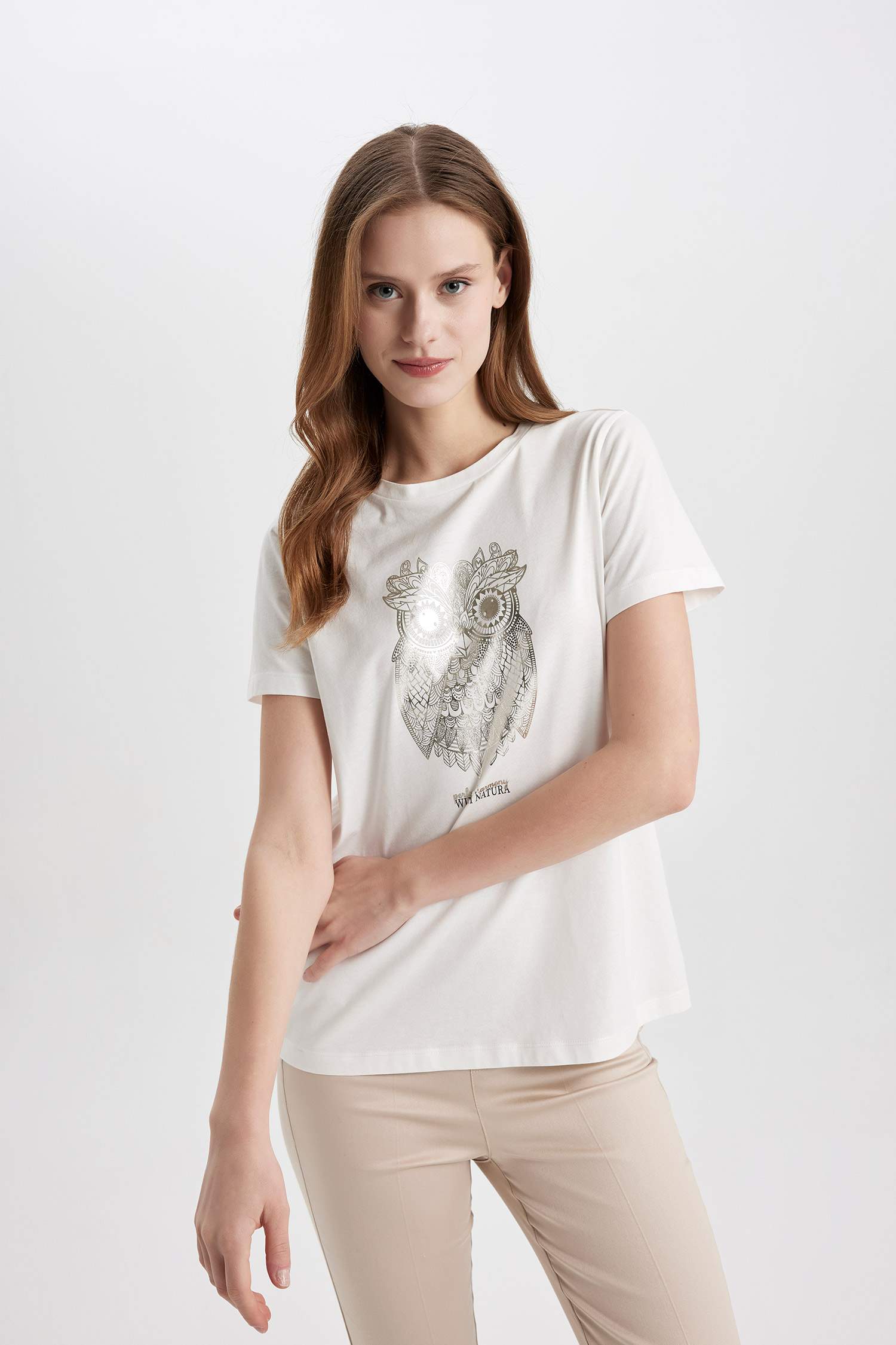 Regular Fit Crew Neck Owl Patterned Cotton T-Shirt