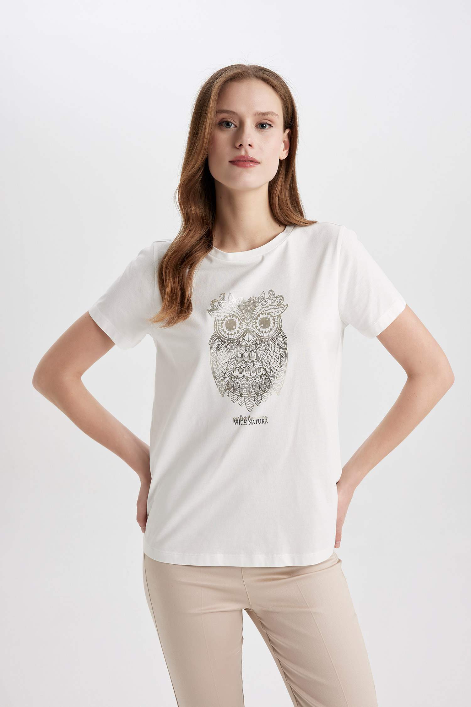 Regular Fit Crew Neck Owl Patterned Cotton T-Shirt