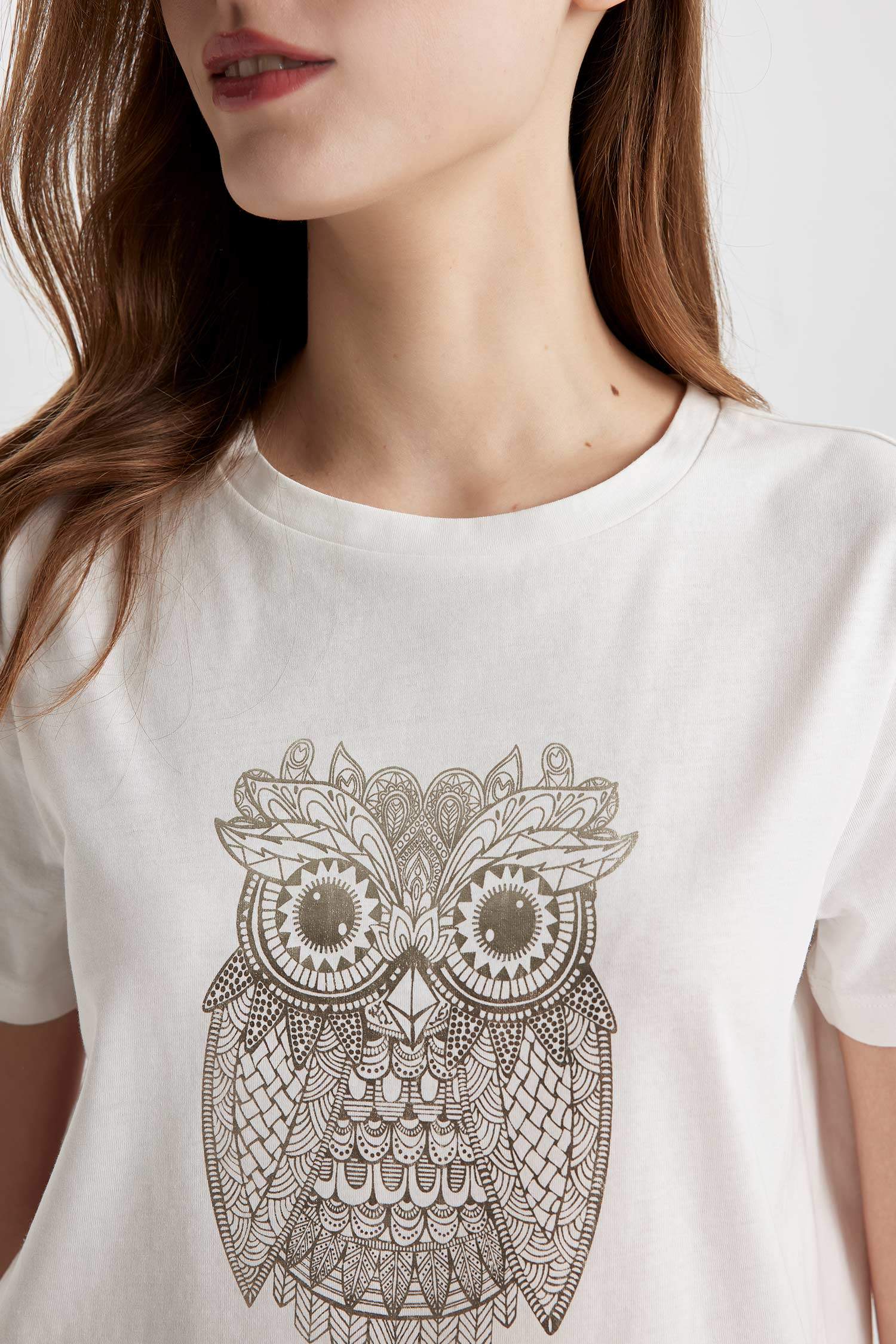 Regular Fit Crew Neck Owl Patterned Cotton T-Shirt