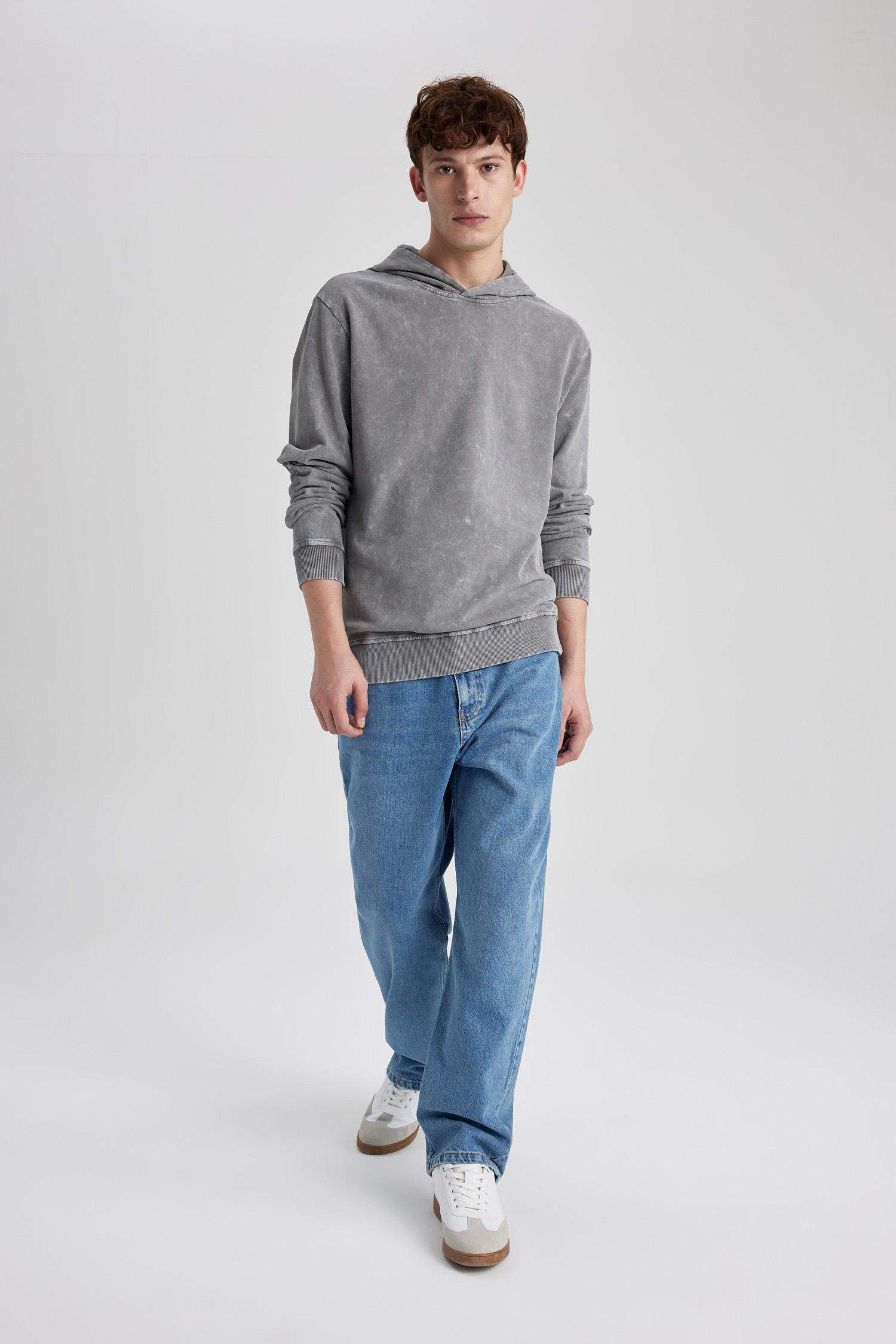 Regular Fit Hooded Washed Effect Basic Sweatshirt