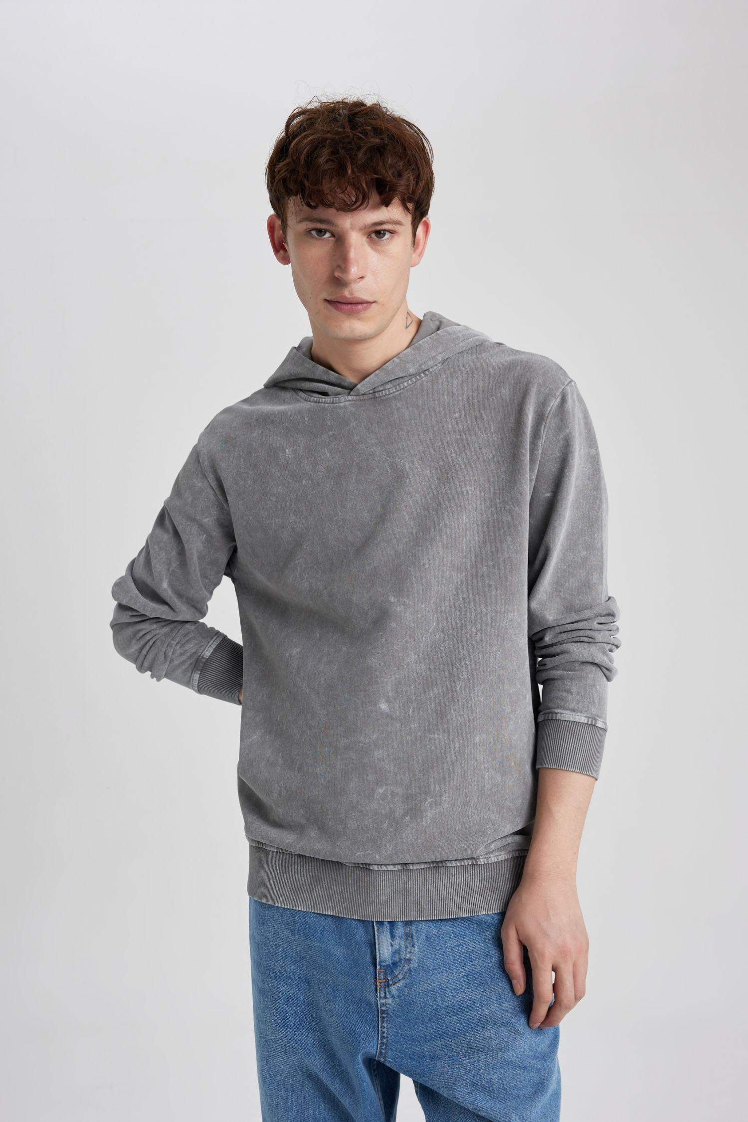 Regular Fit Hooded Washed Effect Basic Sweatshirt