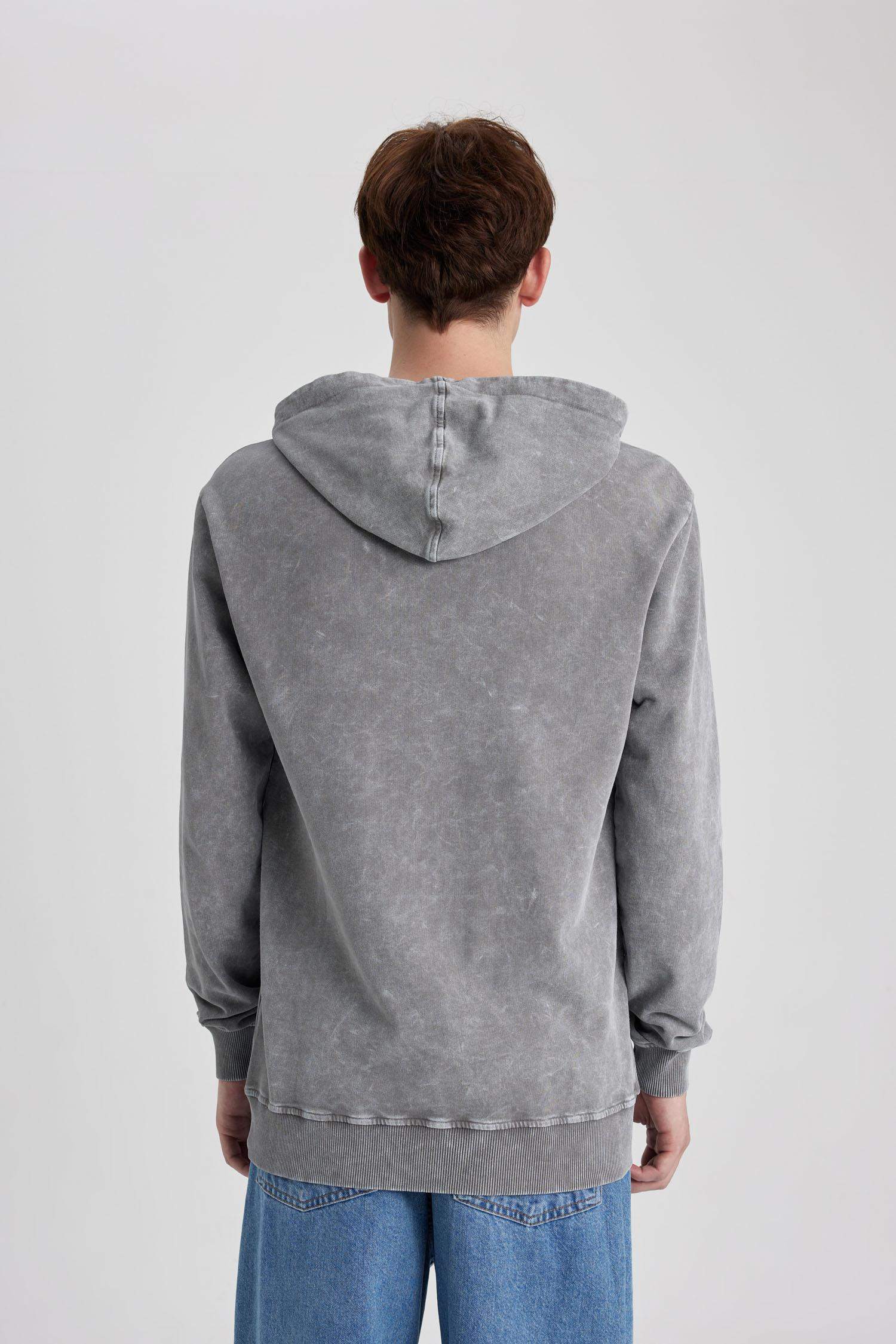 Regular Fit Hooded Washed Effect Basic Sweatshirt