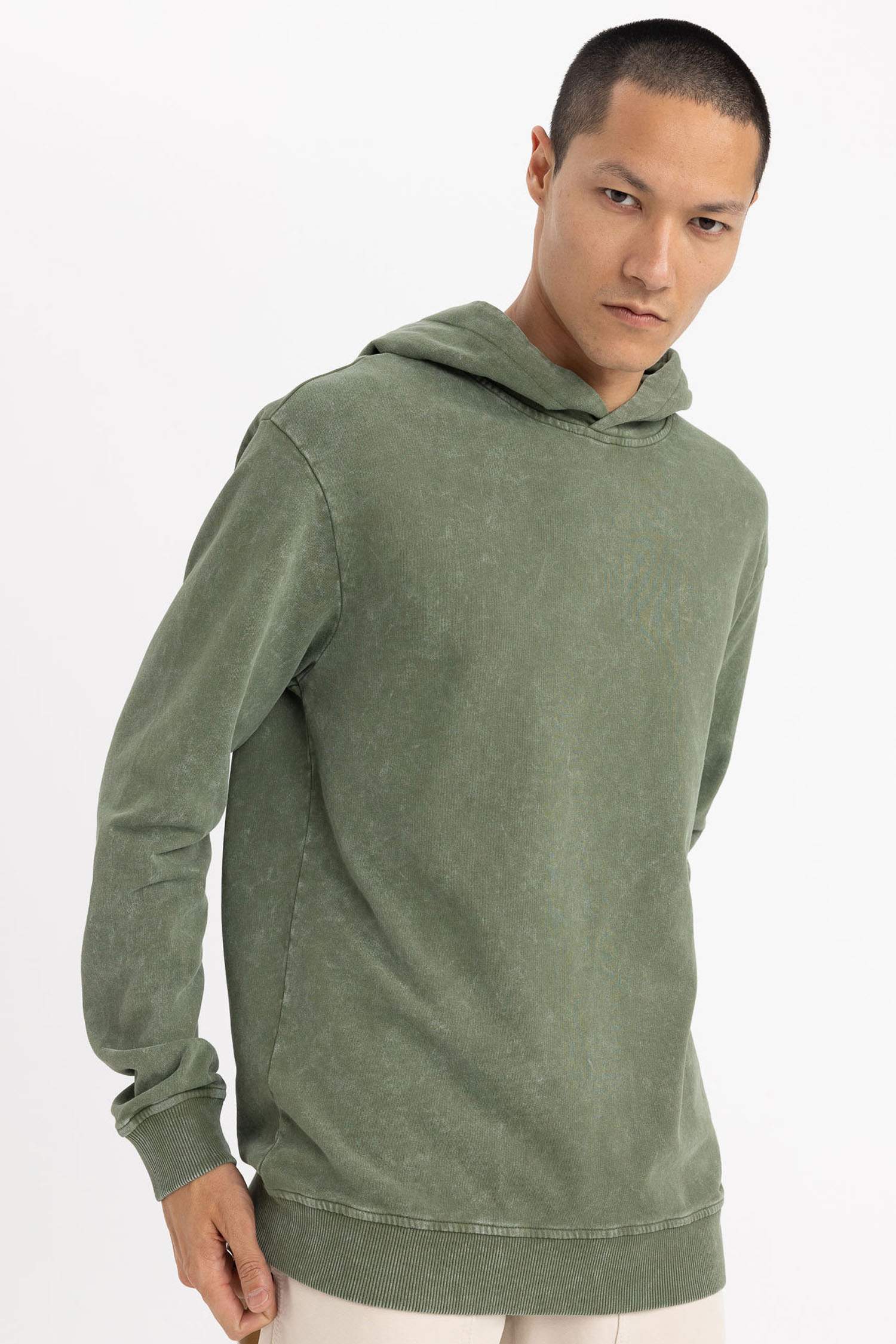 Regular Fit Hooded Washed Effect Basic Sweatshirt