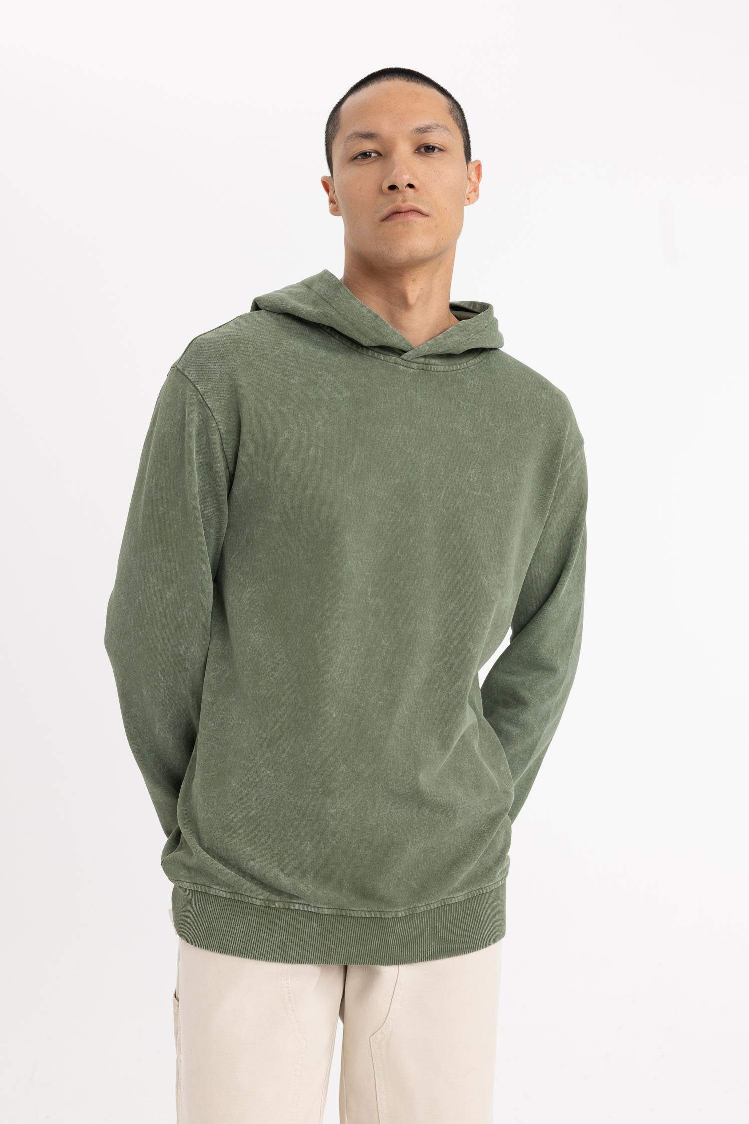 Regular Fit Hooded Washed Effect Basic Sweatshirt