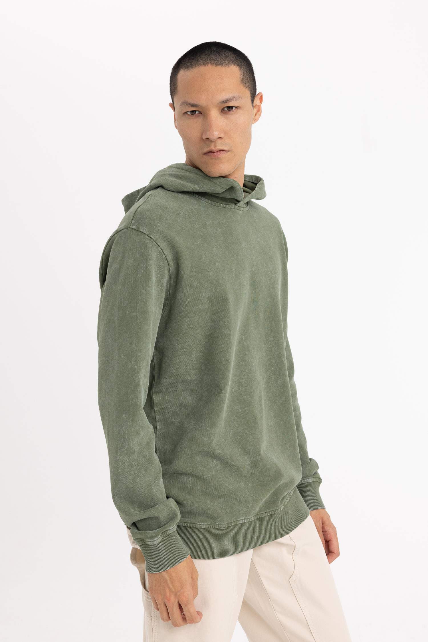 Regular Fit Hooded Washed Effect Basic Sweatshirt