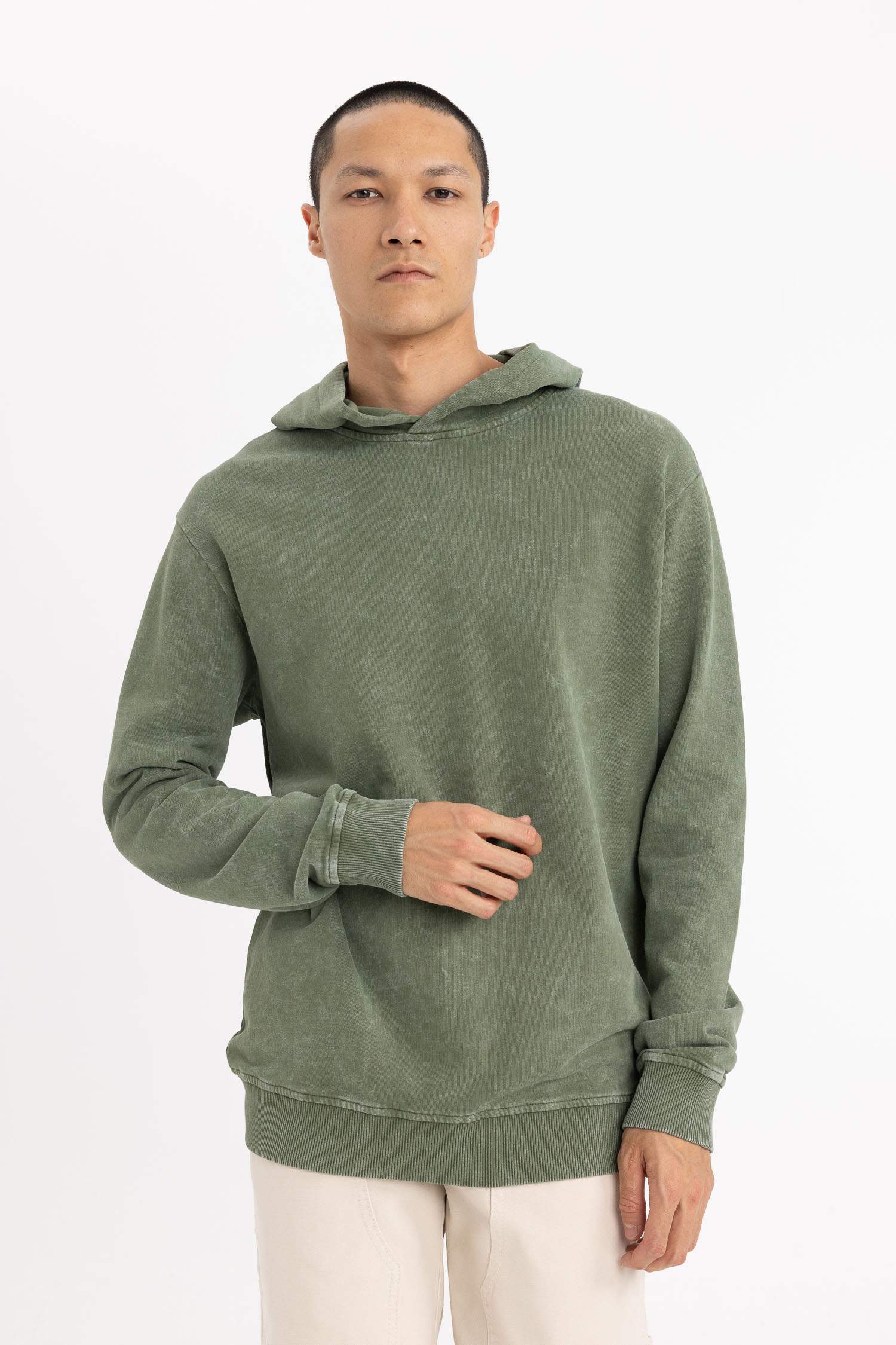 Regular Fit Hooded Washed Effect Basic Sweatshirt
