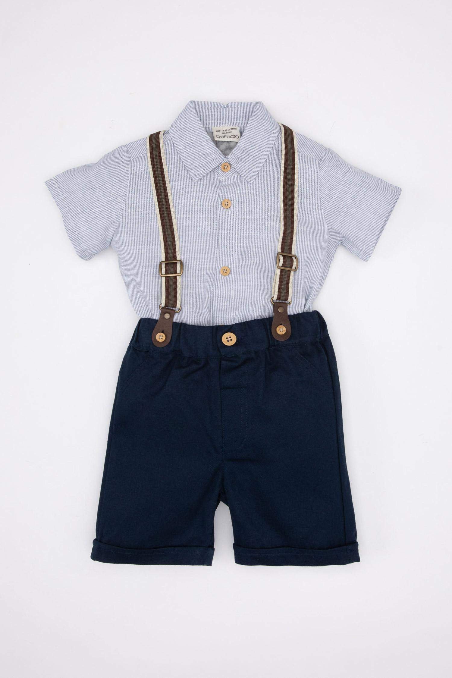 Baby Boy Striped Shirt Shorts Bow Tie Suspender 4 Piece Set