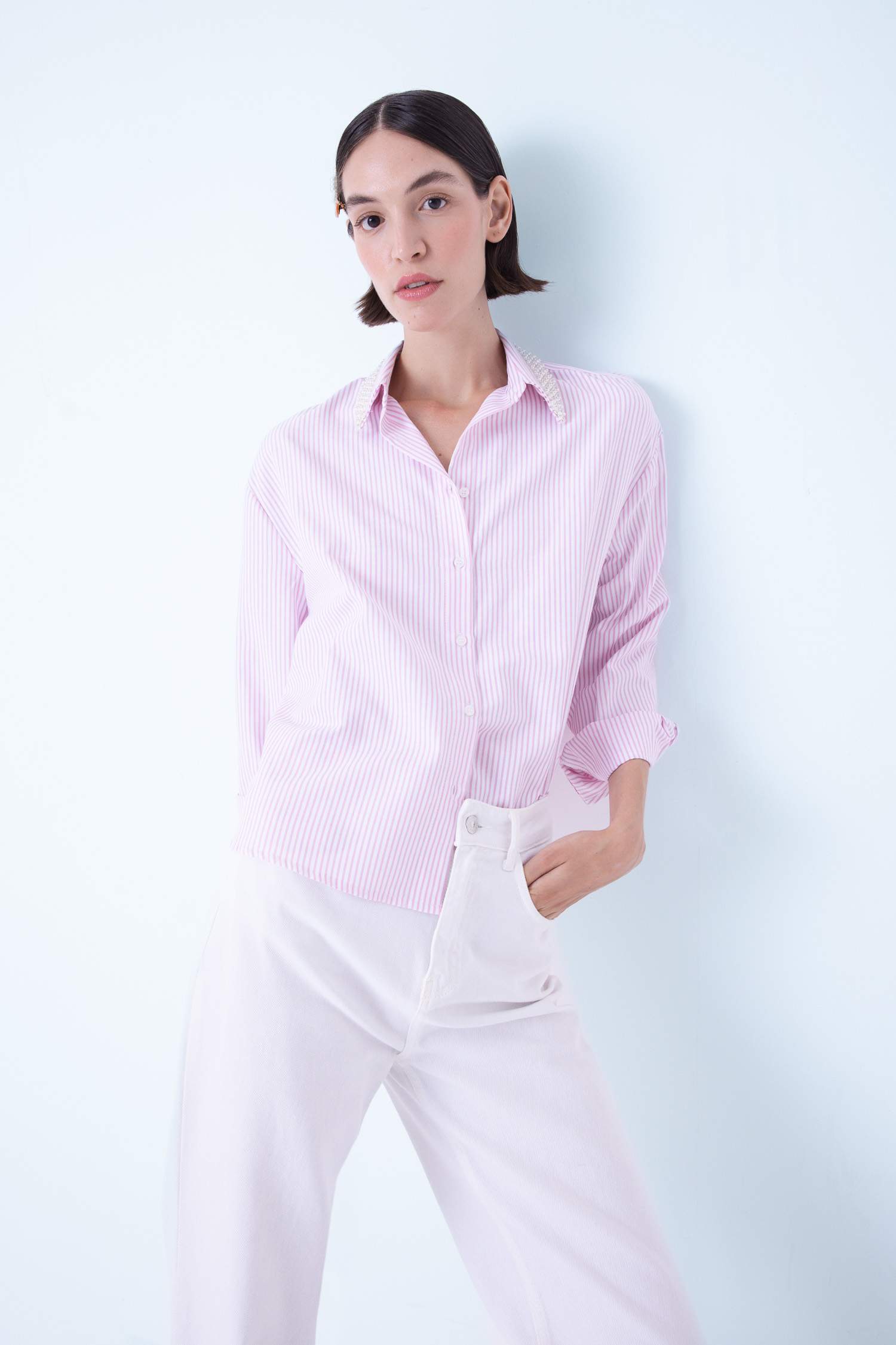 Oversize Geniş Kalıp Çizgili Yaka Boncuklu Oxford Uzun Kollu Gömlek