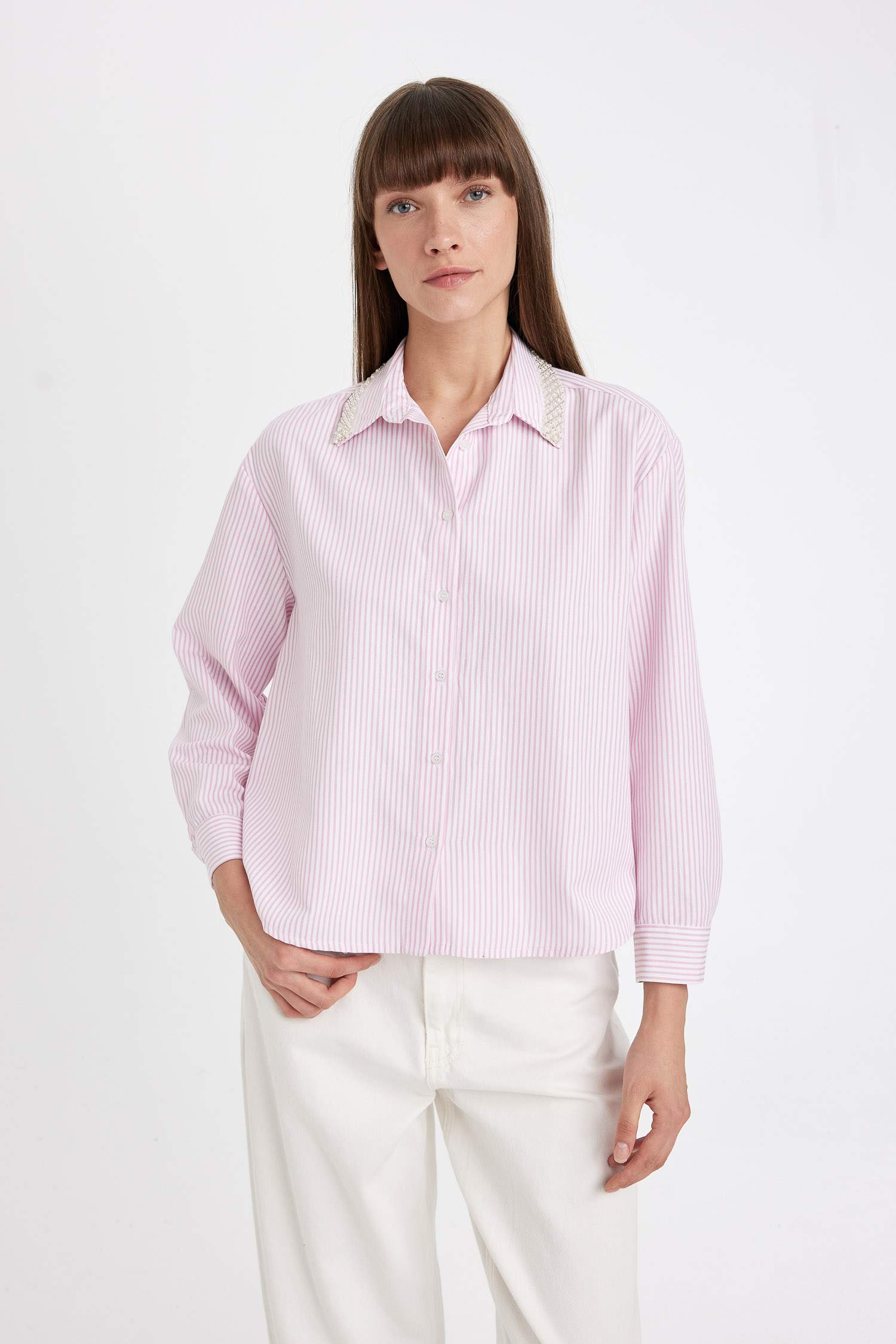 Oversize Geniş Kalıp Çizgili Yaka Boncuklu Oxford Uzun Kollu Gömlek