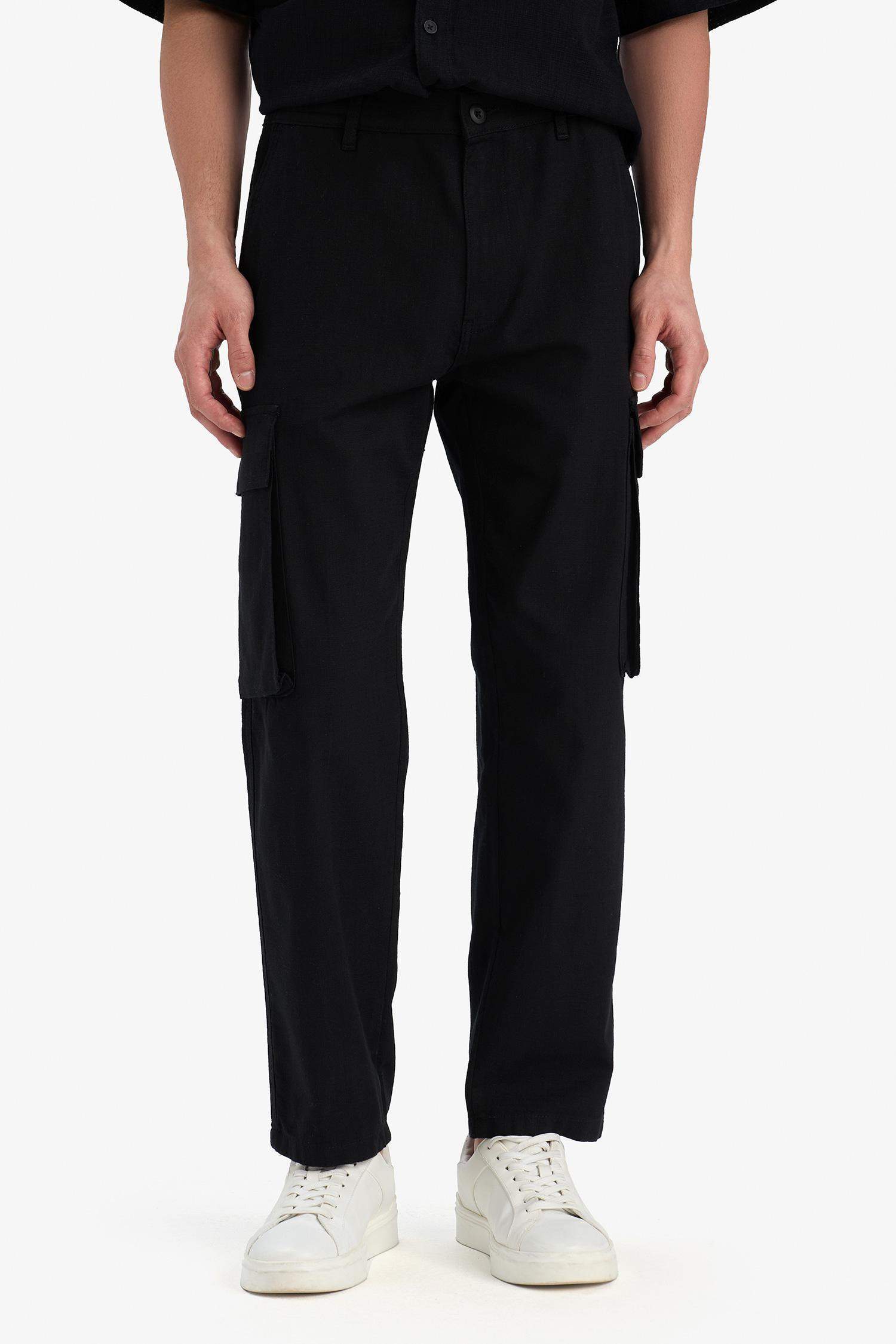 بنطرون كارجو صيفي ذو مظهر كتاني وايد ليج برجل واسع بجيب