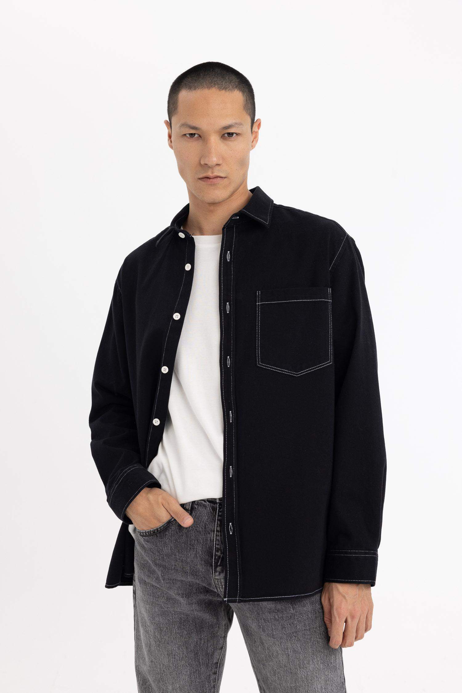 قميص كم طويل قطن قصة مريحة