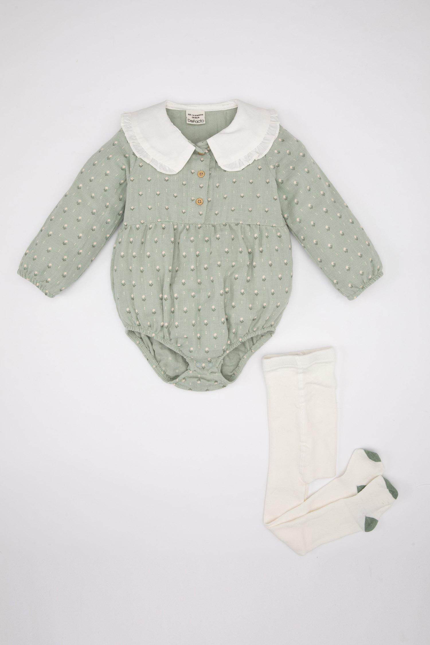 طقم بيبي بناتي حديثي الولادة جمبسوت فلورال وشرابات - قطعتين