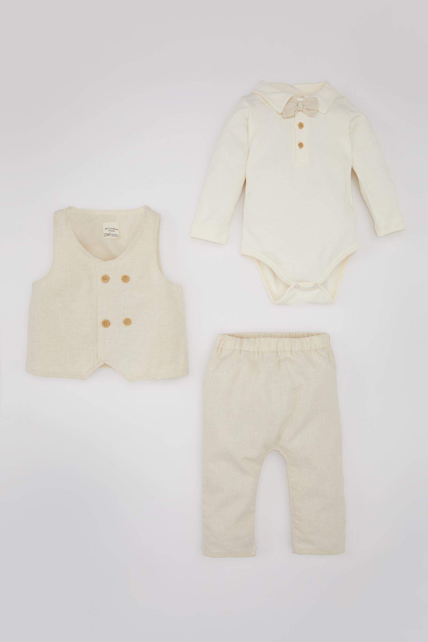 Ensemble pour Bébé Garçon de Body à Manches Longues, Pantalon en Lin à Boutons-Pression et Gilet - 3 Pièces