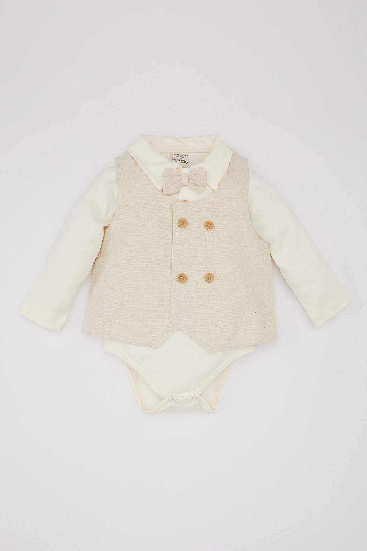 Ensemble pour Bébé Garçon de Body à Manches Longues, Pantalon en Lin à Boutons-Pression et Gilet - 3 Pièces