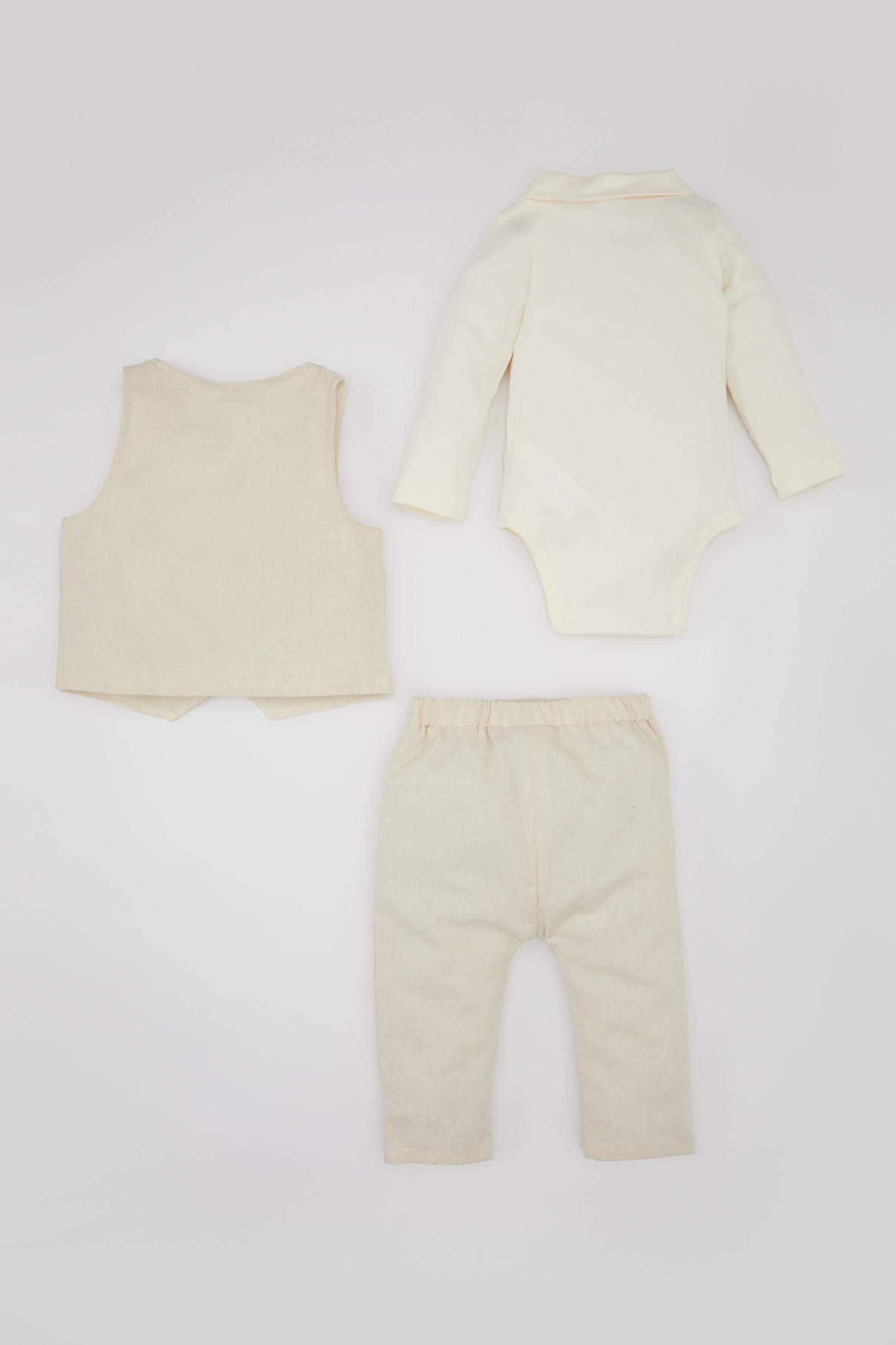 Ensemble pour Bébé Garçon de Body à Manches Longues, Pantalon en Lin à Boutons-Pression et Gilet - 3 Pièces