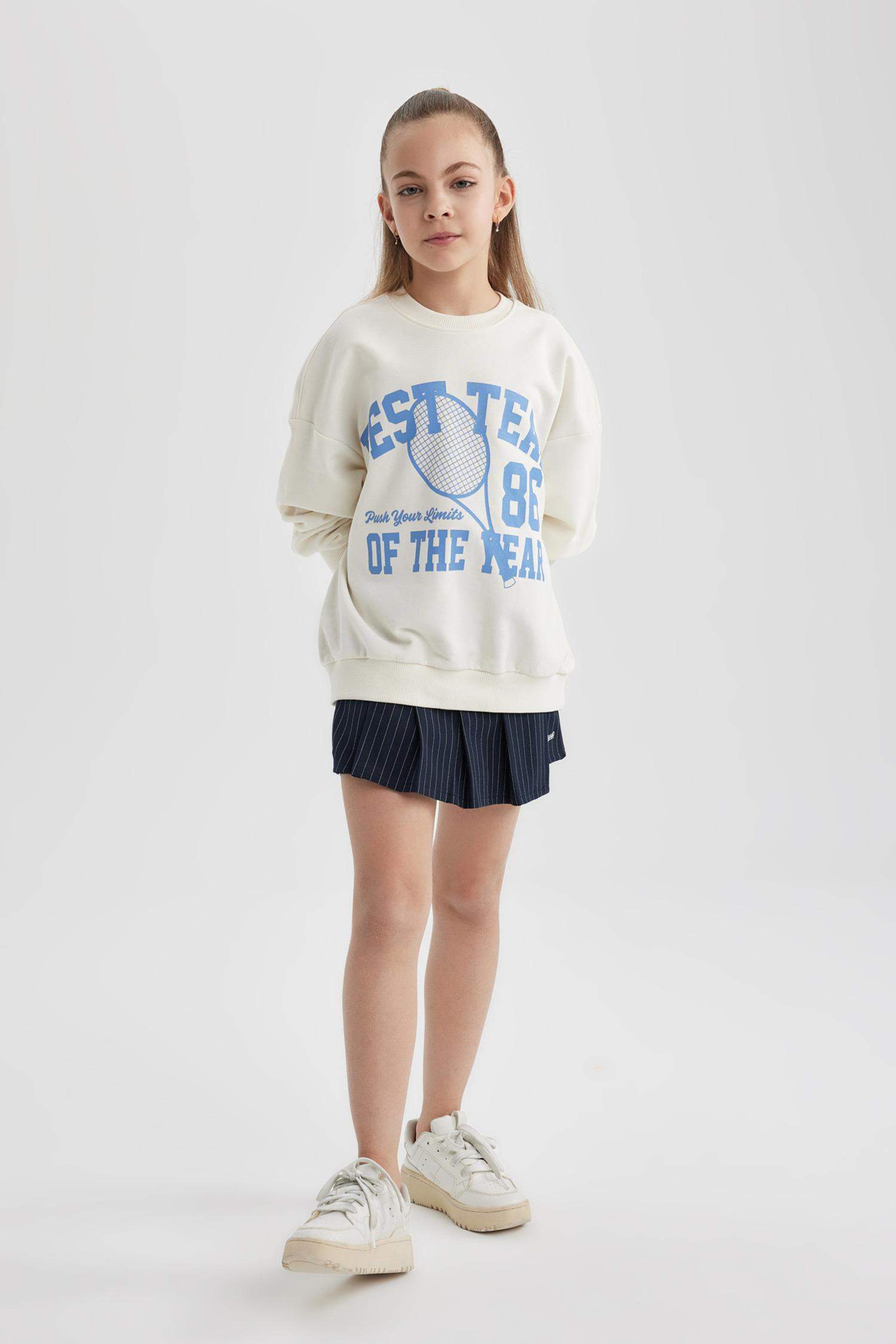 Kız Çocuk Oversize Geniş Kalıp Bisiklet Yaka Baskılı Sweatshirt