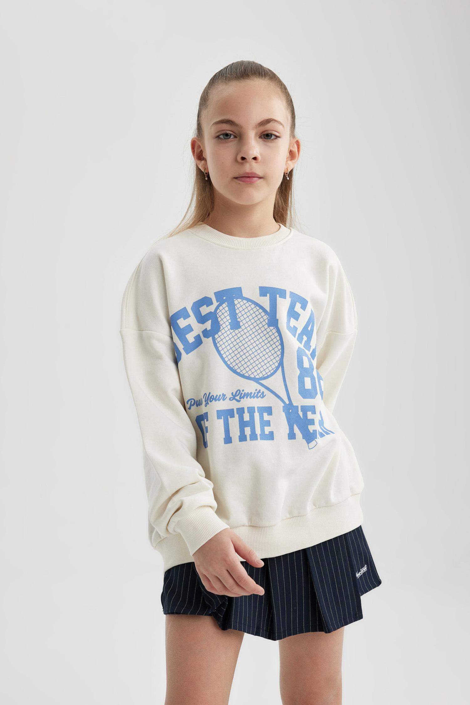 Kız Çocuk Oversize Geniş Kalıp Bisiklet Yaka Baskılı Sweatshirt