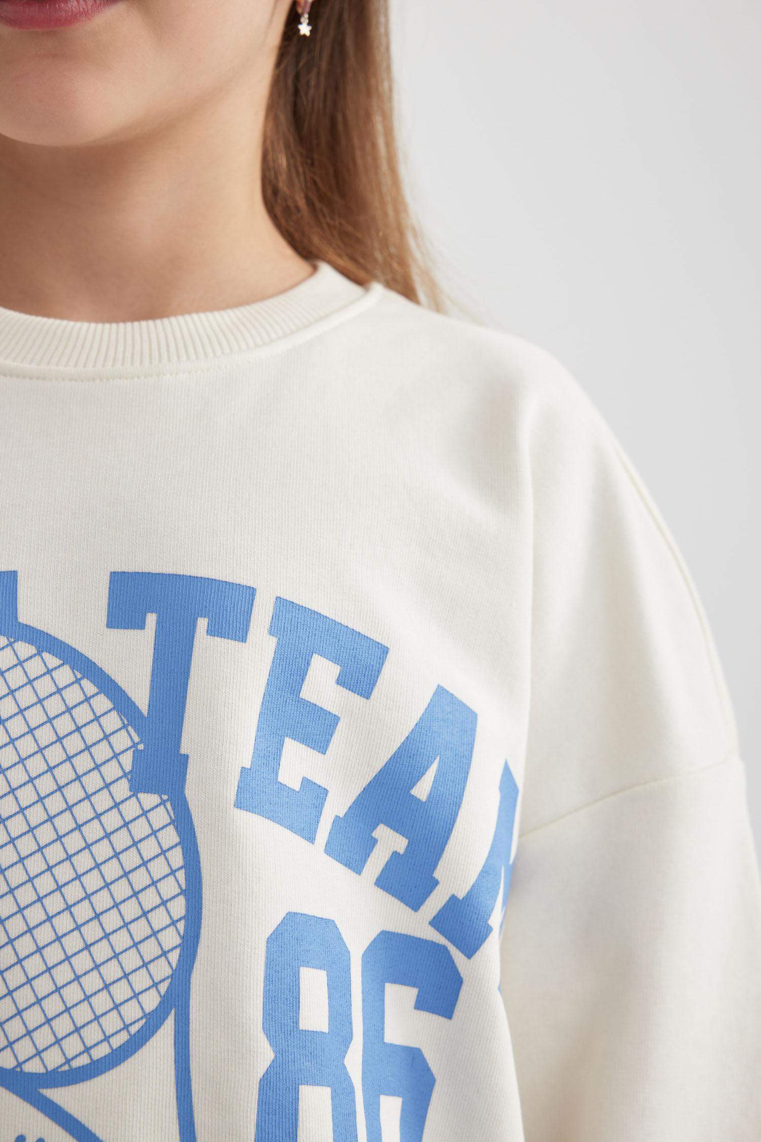 Kız Çocuk Oversize Geniş Kalıp Bisiklet Yaka Baskılı Sweatshirt