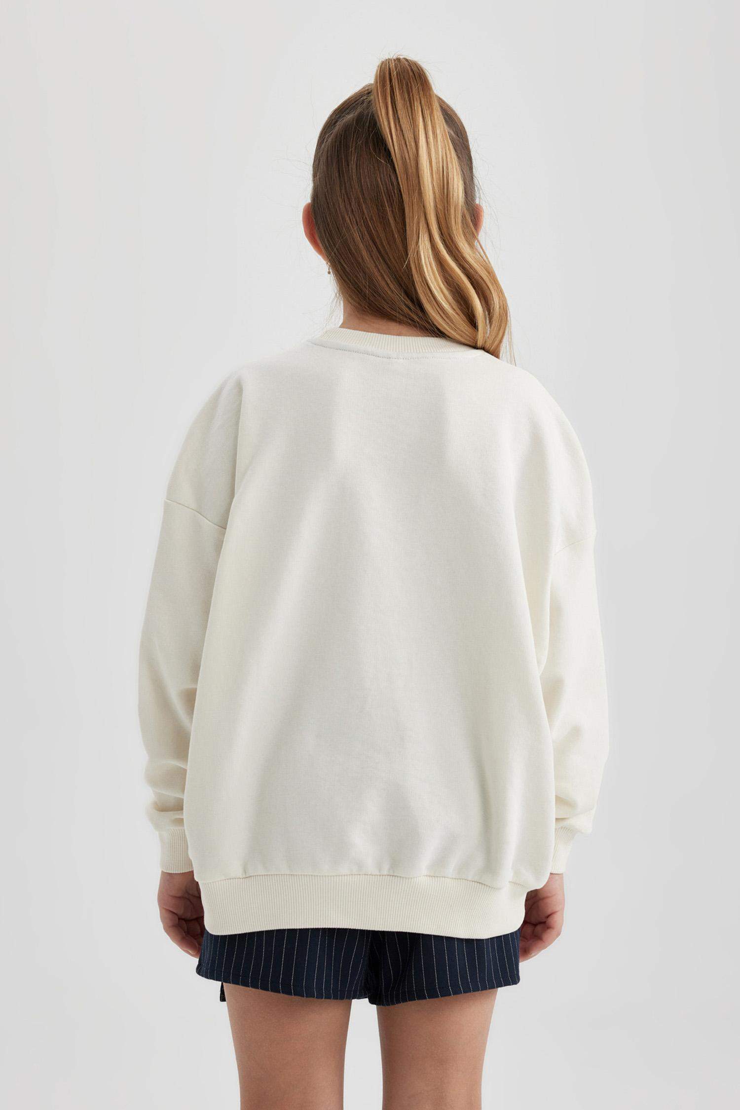 Kız Çocuk Oversize Geniş Kalıp Bisiklet Yaka Baskılı Sweatshirt