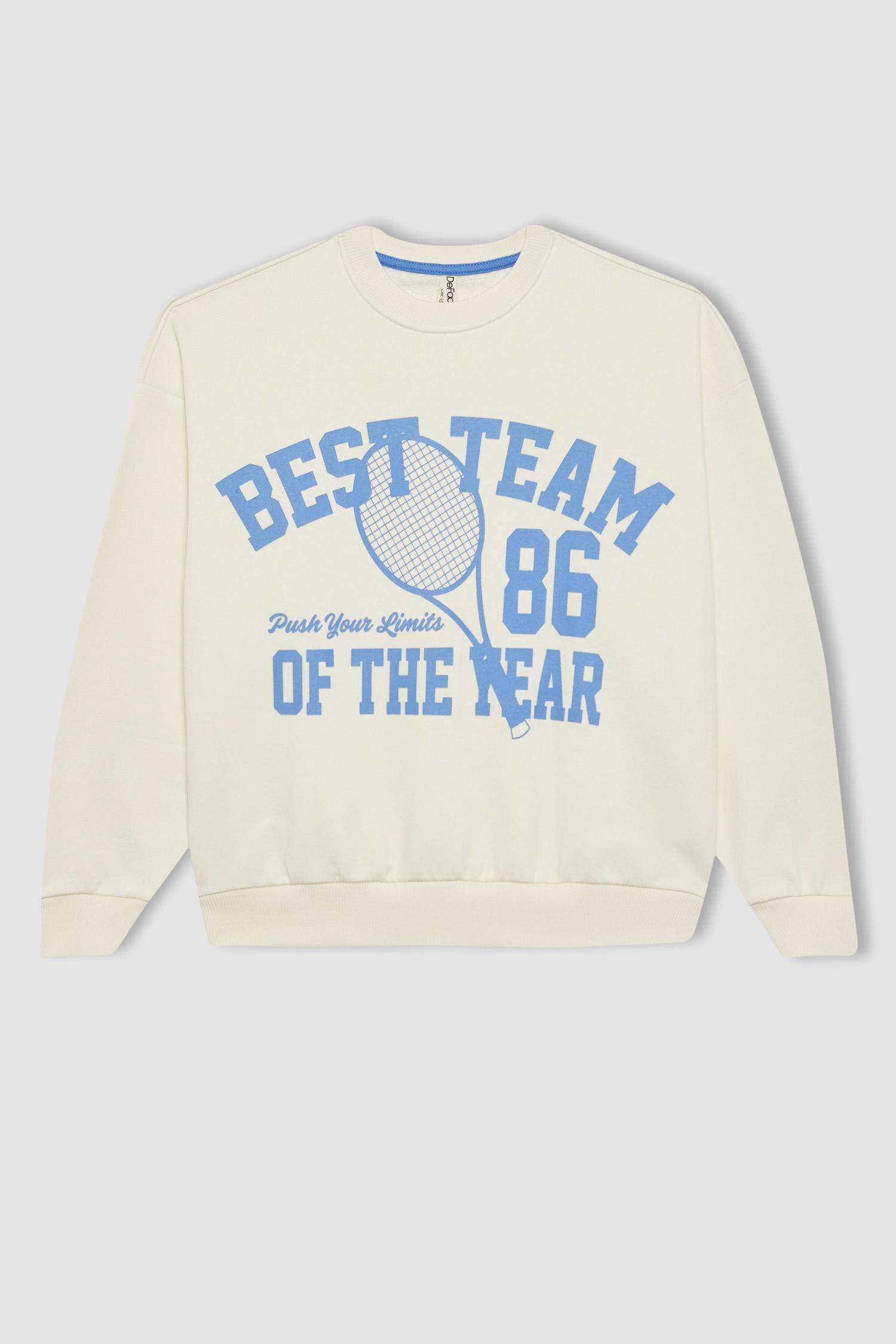 Kız Çocuk Oversize Geniş Kalıp Bisiklet Yaka Baskılı Sweatshirt